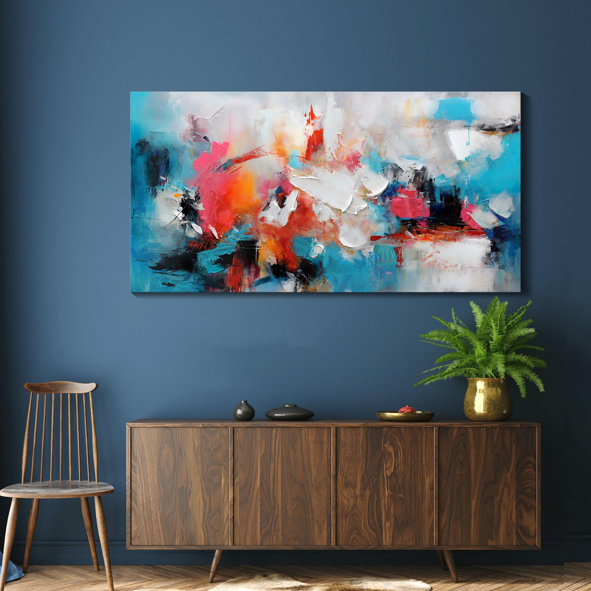 Large Abstract Wall Art Canvas - Hand-Painted Blue and Pink Modern Painting for Living Room, Bedroom, Office & Dining Room Decor - 29×58 Inch Wall Decor for Home & Workspace