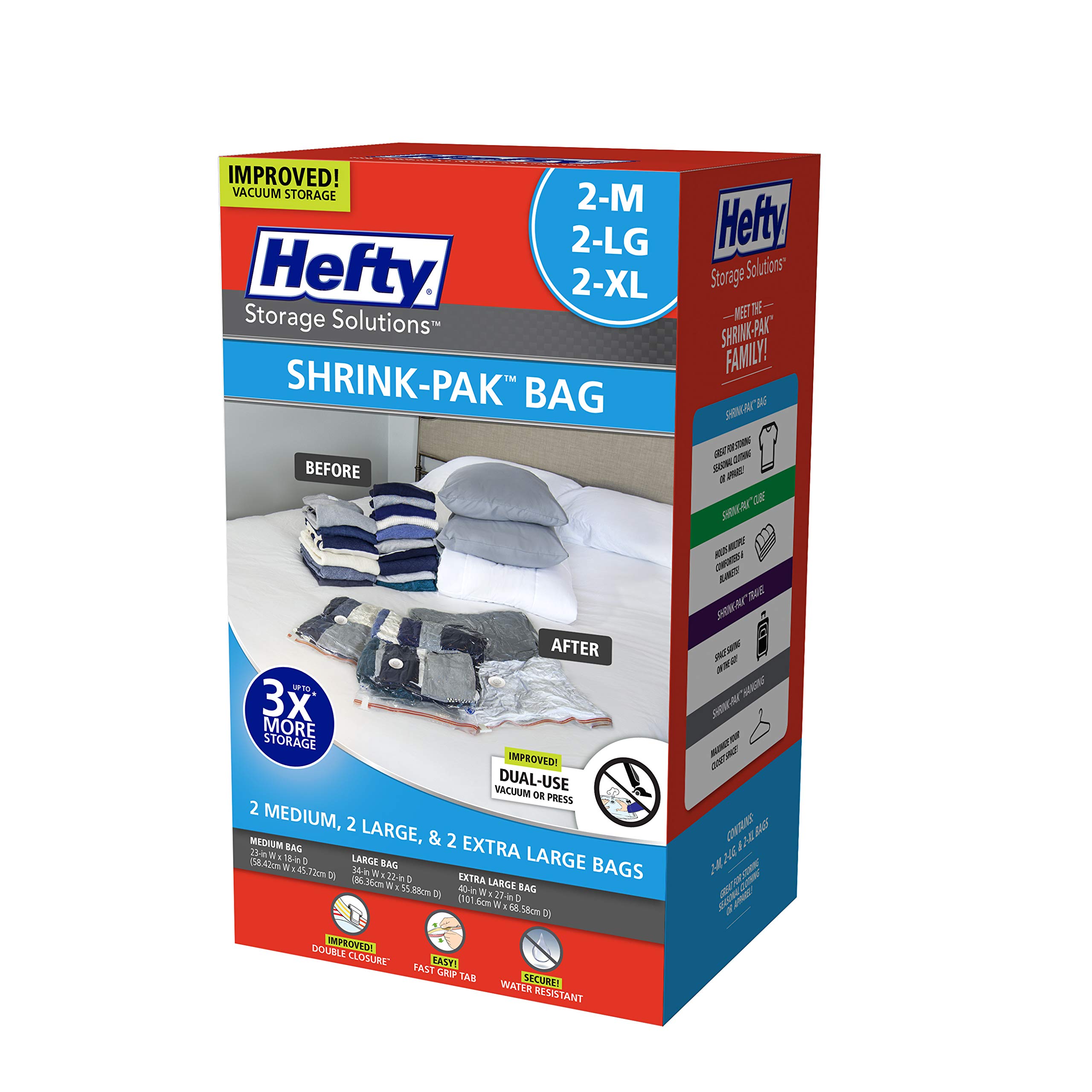 Hefty Shrink-Pak Vacuum Seal Storage Bags - 6 Piece Set (2 Medium, 2 Large, 2 XL) | Space Saving Bags for Clothes, Pillows, Towels & Blankets | Perfect for Travel, Seasonal Storage & Closet Organization