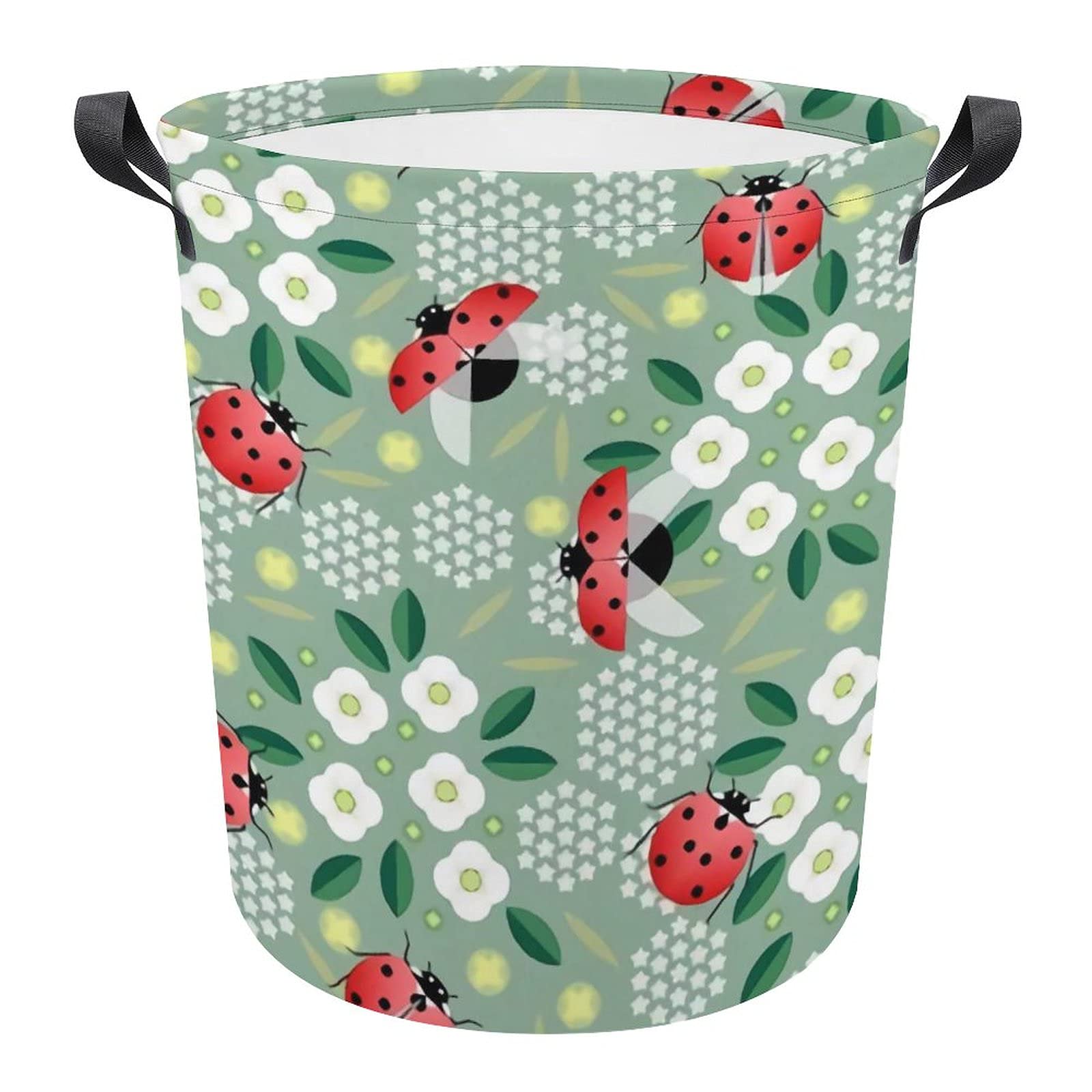 Foldable Laundry Hamper Basket - Portable Clothes & Toy Organizer for Bedroom, Bathroom, Nursery | Ladybug & Flower Design on Green Fabric | Perfect for Baby Laundry, College Dorm Storage & Home Organization