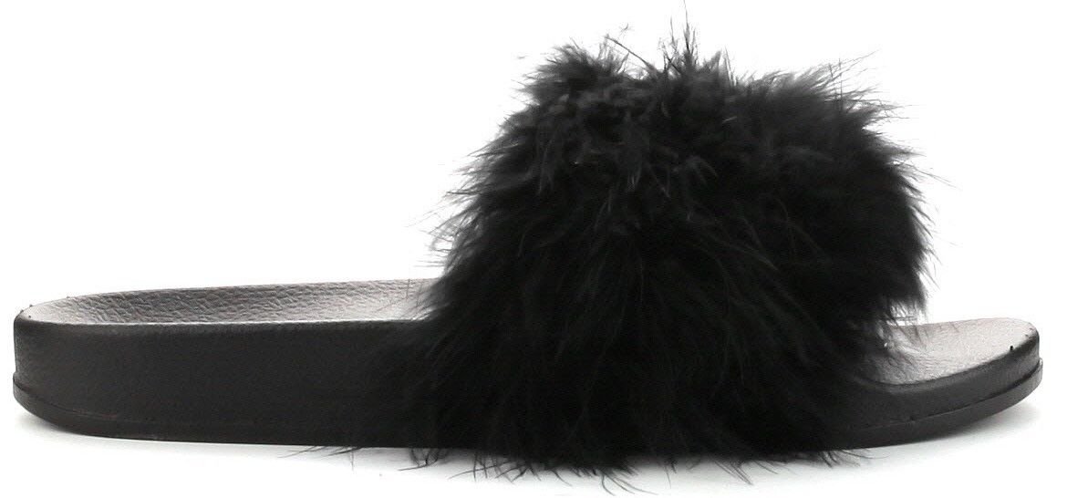 Cape Robbin Moira-2 Women's Flip Flops - Marabou Fur Slide Sandals | Slip-On Comfortable Slippers for Women | Black | Perfect for Beach, Pool, and Summer Outfits