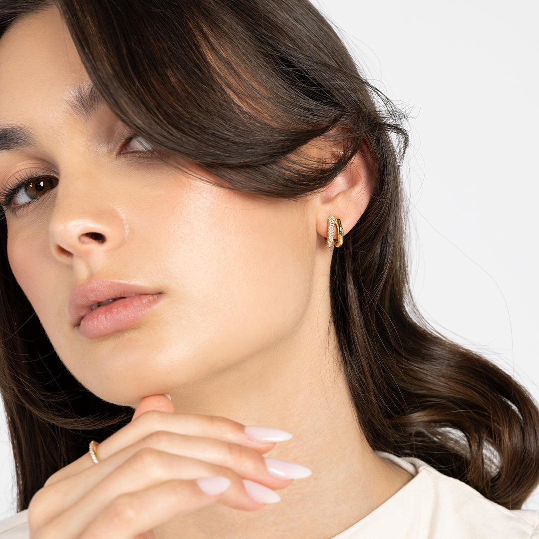 Monroe Pavé Double Huggie Hoop Earrings for Women - 14K Gold Plated Cubic Zirconia Huggies for Everyday Wear & Special Occasions