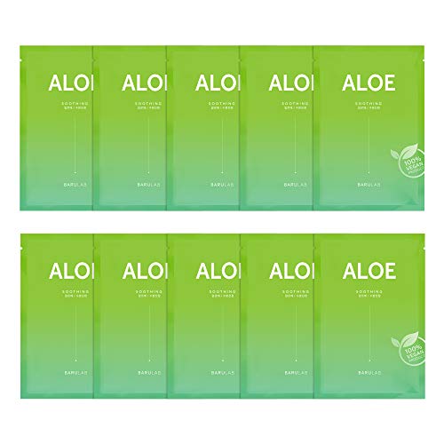 Barulab Korean Aloe Vera Facial Mask Sheets - 100% Vegan Soothing Face Mask for Hydration & Calming Skin (10 Pack) | Daily Korean Skincare for All Skin Types | Perfect for Post-Sun Care & Relaxation