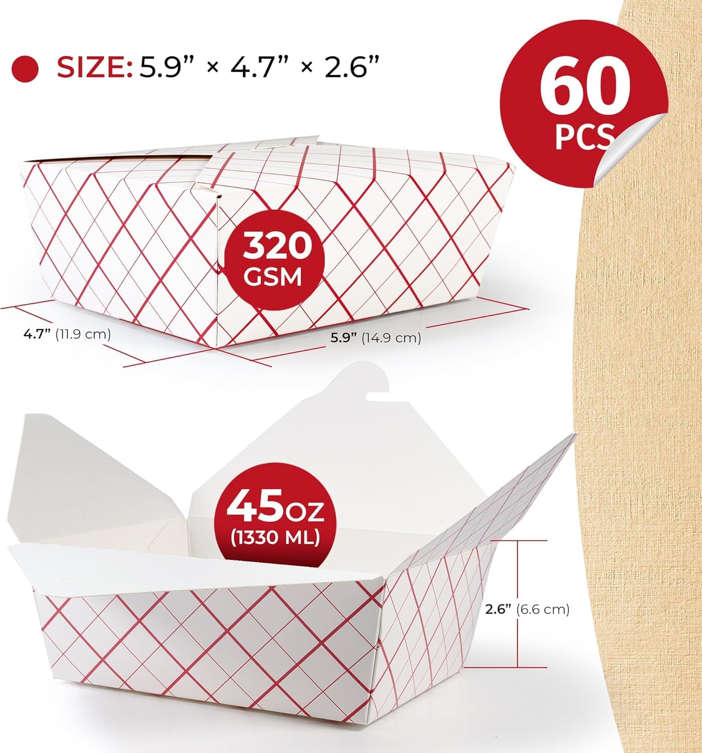 60 Pack 45oz White Biodegradable Cardboard Take Out Boxes - Eco-Friendly Chinese Food Containers for Restaurants, Catering & Meal Prep - Perfect for Takeout, Delivery & Leftover Storage