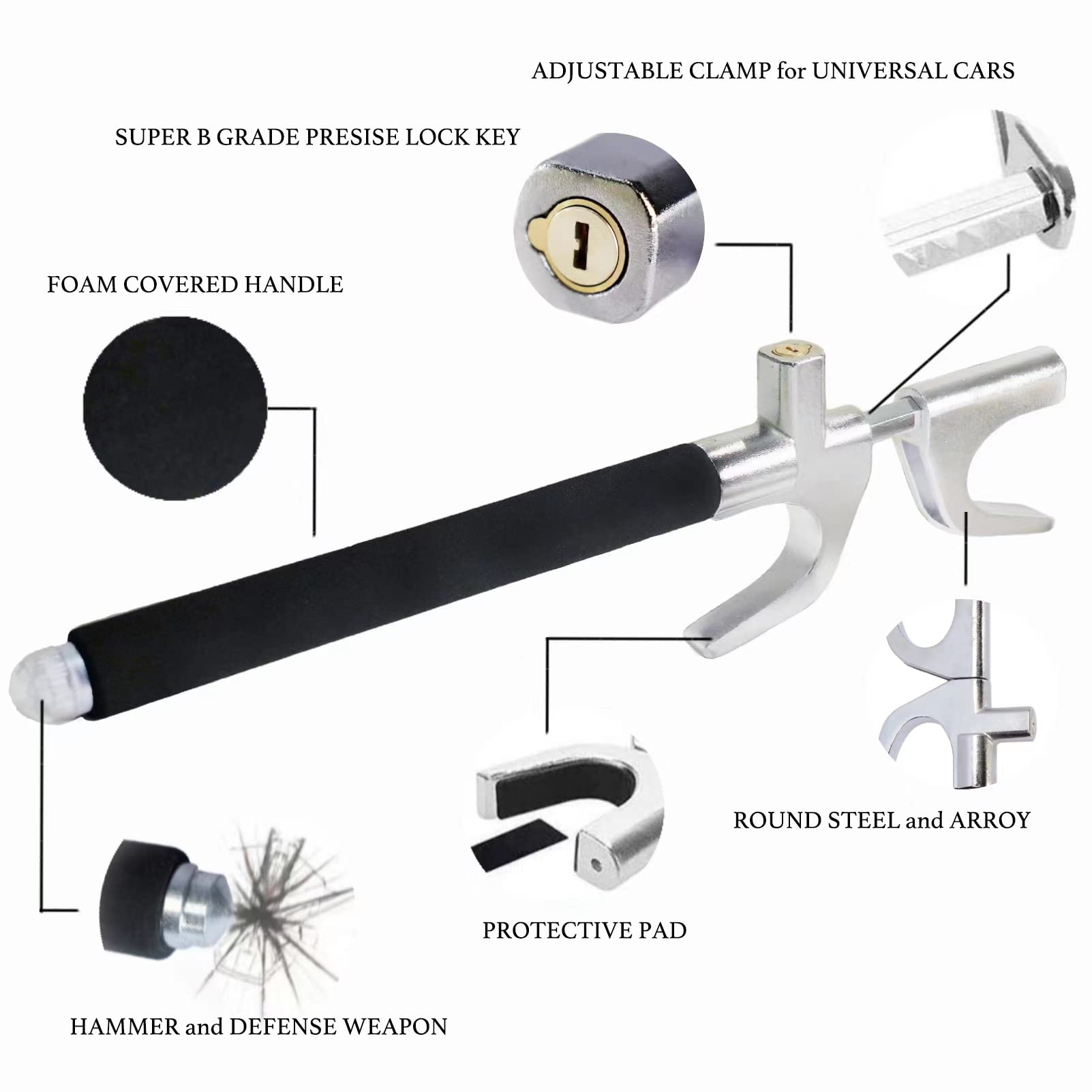 Anti-Theft Heavy Duty Steering Wheel Lock Bar - Adjustable Length Universal Car Security Device with Emergency Hammer & 3 Keys (Black) - Perfect for Parking Security & Vehicle Theft Prevention
