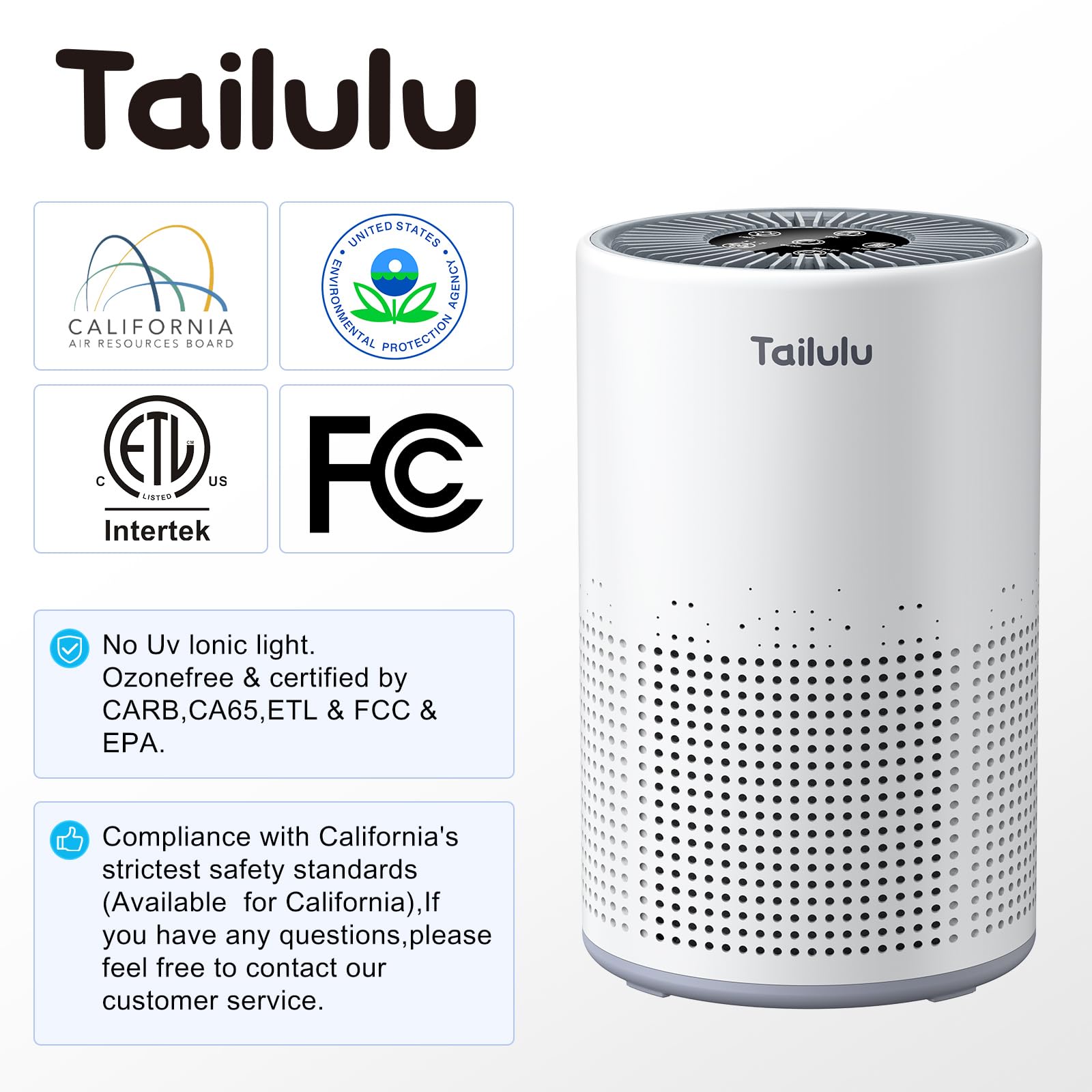 Tailulu H13 True HEPA Air Purifier for Bedroom & Home - 800 Sq.Ft Coverage, Ultra Quiet 12dB Sleep Mode - Removes Dust, Smoke, Pollen & Pet Odors - Portable Air Cleaner with Speed Control & Timer - Perfect for Allergies, Asthma & Nursery Rooms