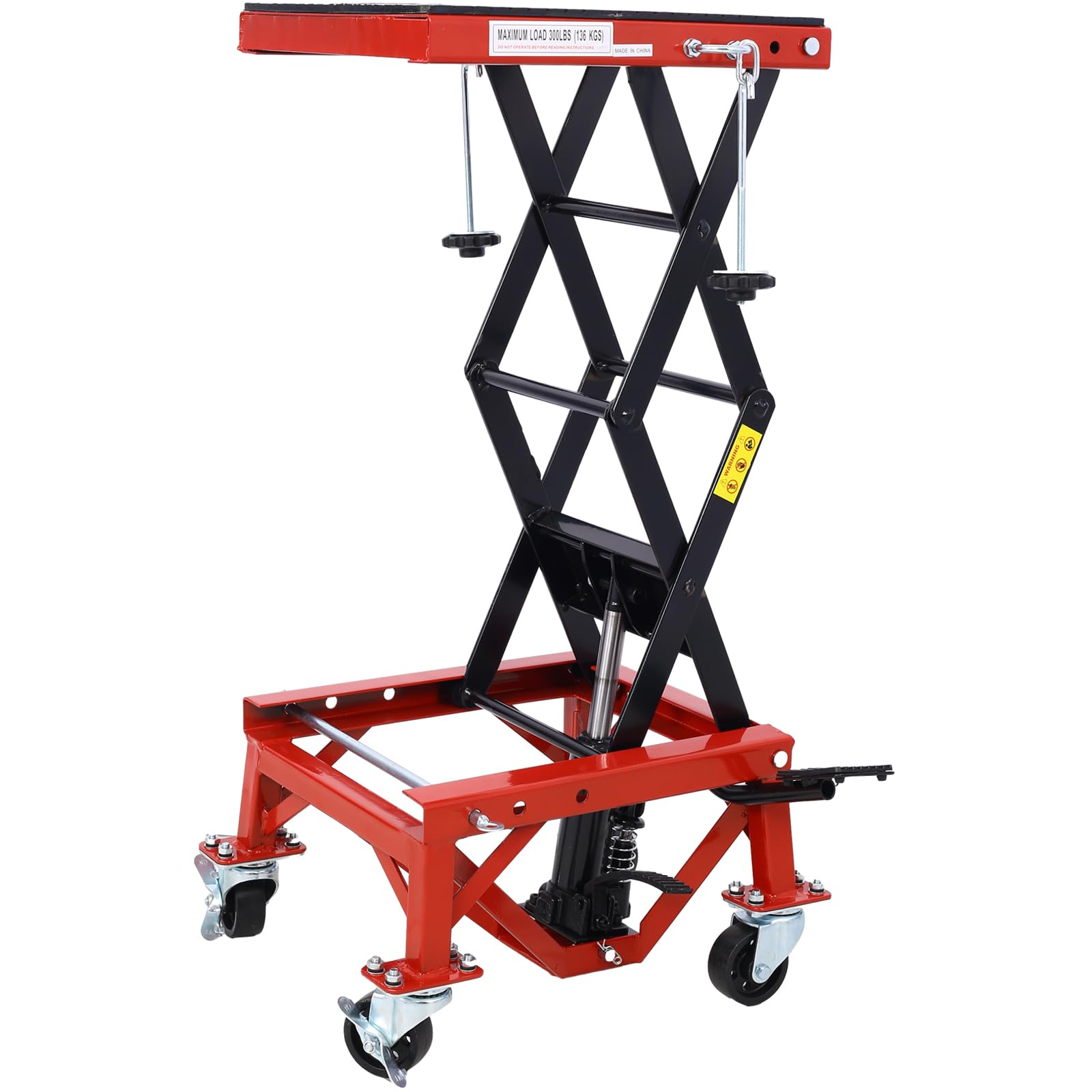 300 Lbs Hydraulic Motorcycle Scissor Jack Lift - Heavy Duty Foot Step with 4 Wheels & Jack Stand - Portable Lift Table for Small Dirt Bikes, ATVs & Scooters - Red - Perfect for Garage Repairs, Maintenance & Storage