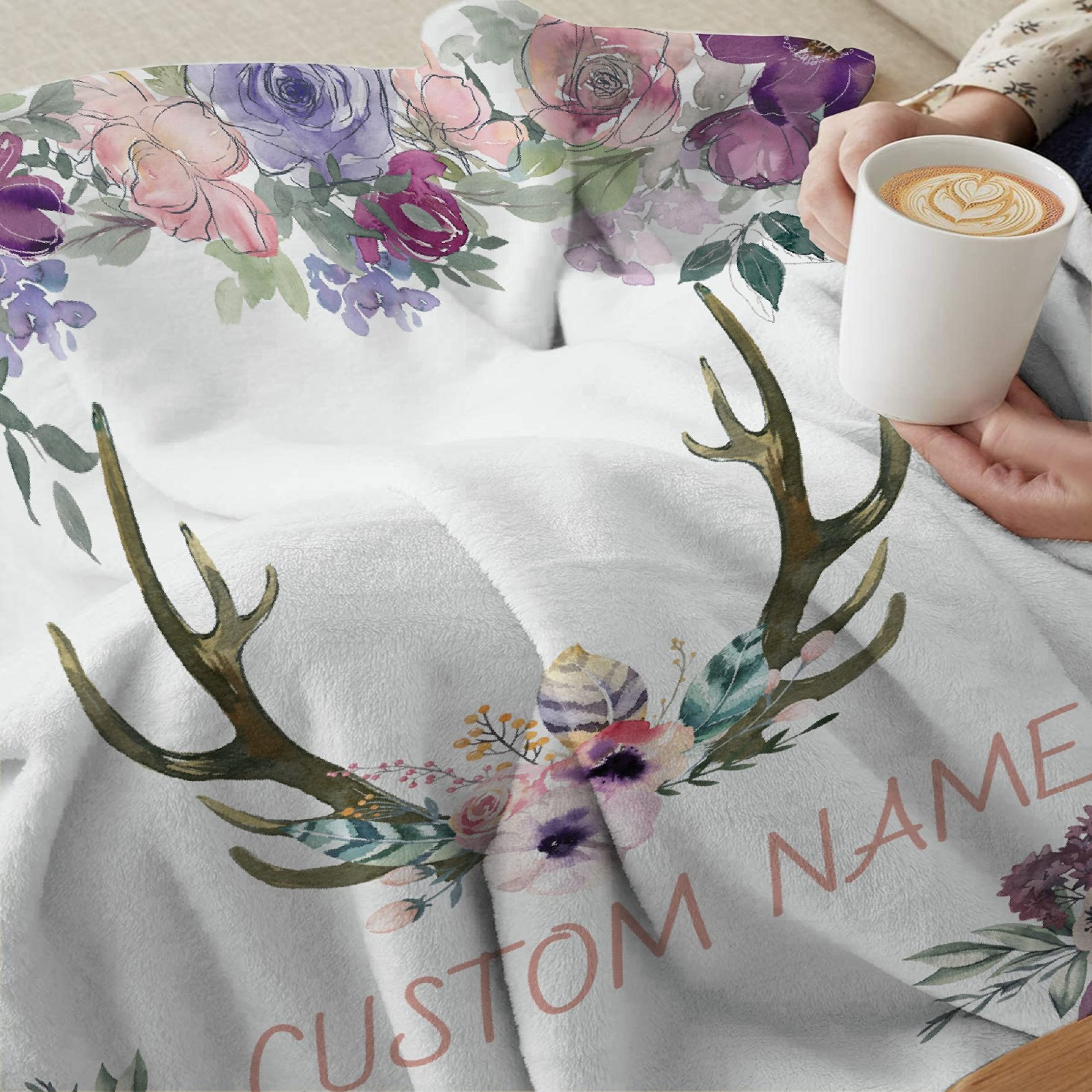 Personalized Baby Blanket with Name - Deer & Floral Pink Fleece Blanket for Girls, Boys, Baby Shower Gift - 120