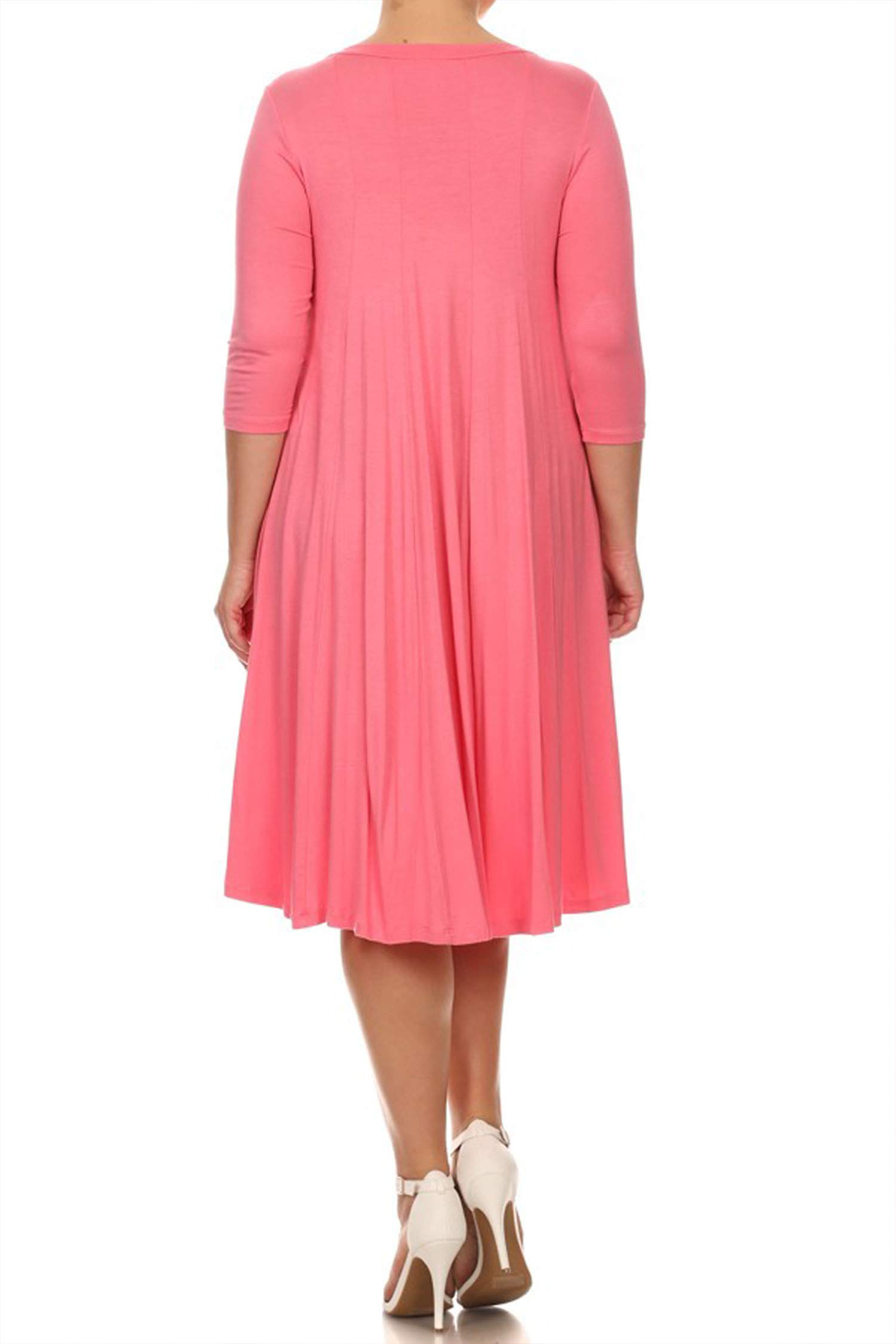 Plus Size Casual 3/4 Sleeve A-Line Midi Dress - Comfortable Solid Print Women's Dress (Pink, XL) | Made in USA | Perfect for Office Wear, Date Nights & Summer Outings