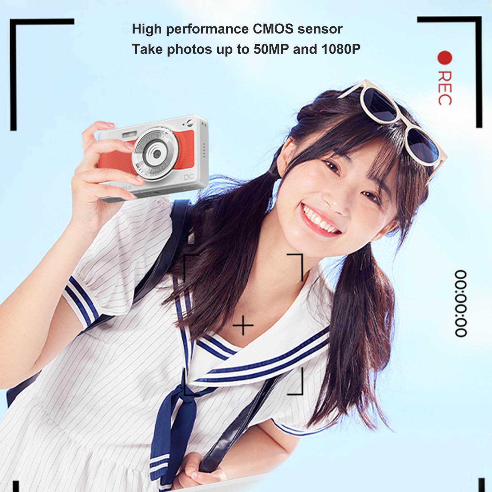 56MP Digital Camera FHD 1080P with 8X Zoom & Anti-Shake - Compact Point and Shoot Camera for Teens, Kids, Seniors & Beginners (White/Orange) - Perfect for Travel, Vlogging, Birthday Gifts & Everyday Photography