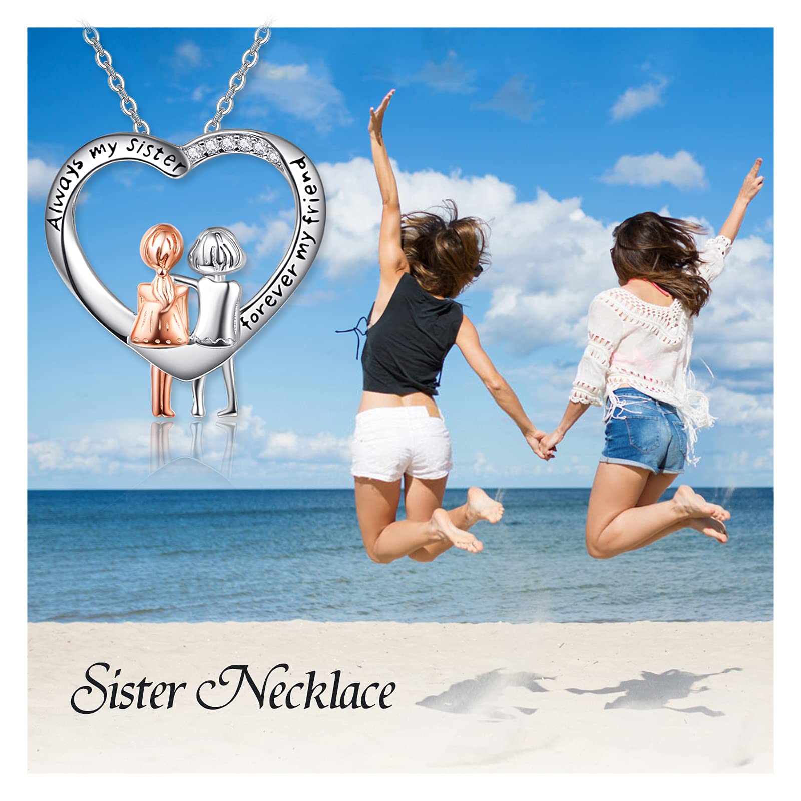 Sterling Silver Sister Necklace 'Always My Sister Forever My Friend' - Heart Shaped Friendship Jewelry for Women & Girls - Perfect Birthday Gift for Best Friends, Sister Gifts, and Special Occasions