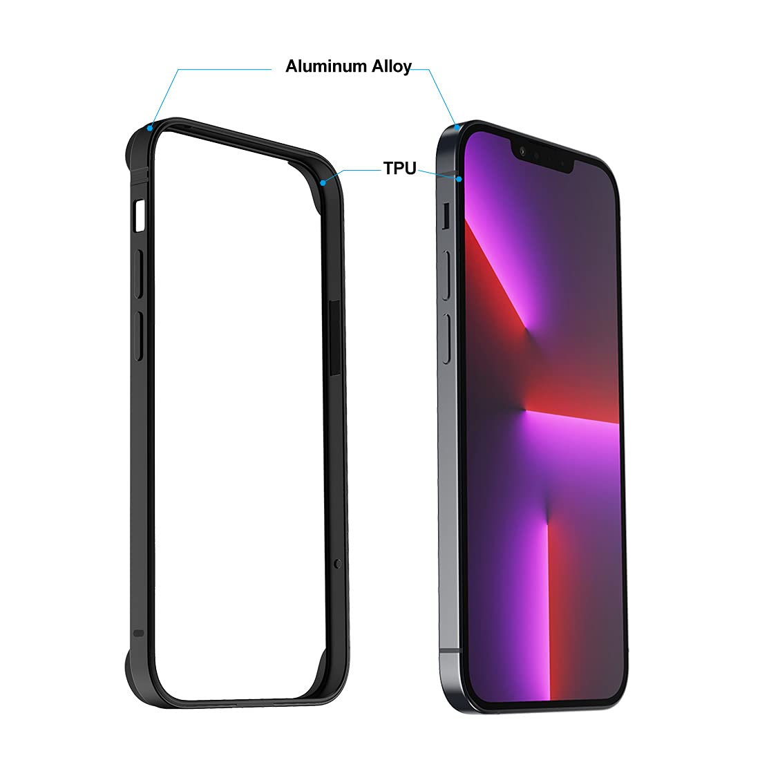 Slim Thin iPhone 13 Mini Case 5.4 Inch - Metal Bumper with Soft TPU Inner Cover | No Signal Interference | Wireless Charging Compatible | Perfect for Everyday Use, Travel & Work | Black