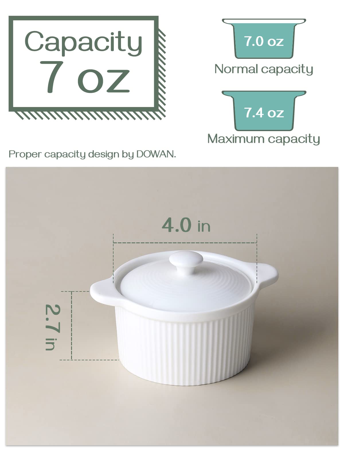 DOWAN 7oz Porcelain Ramekins with Lids - Oven Safe for Baking, Souffle & Soup - Set of 4 White