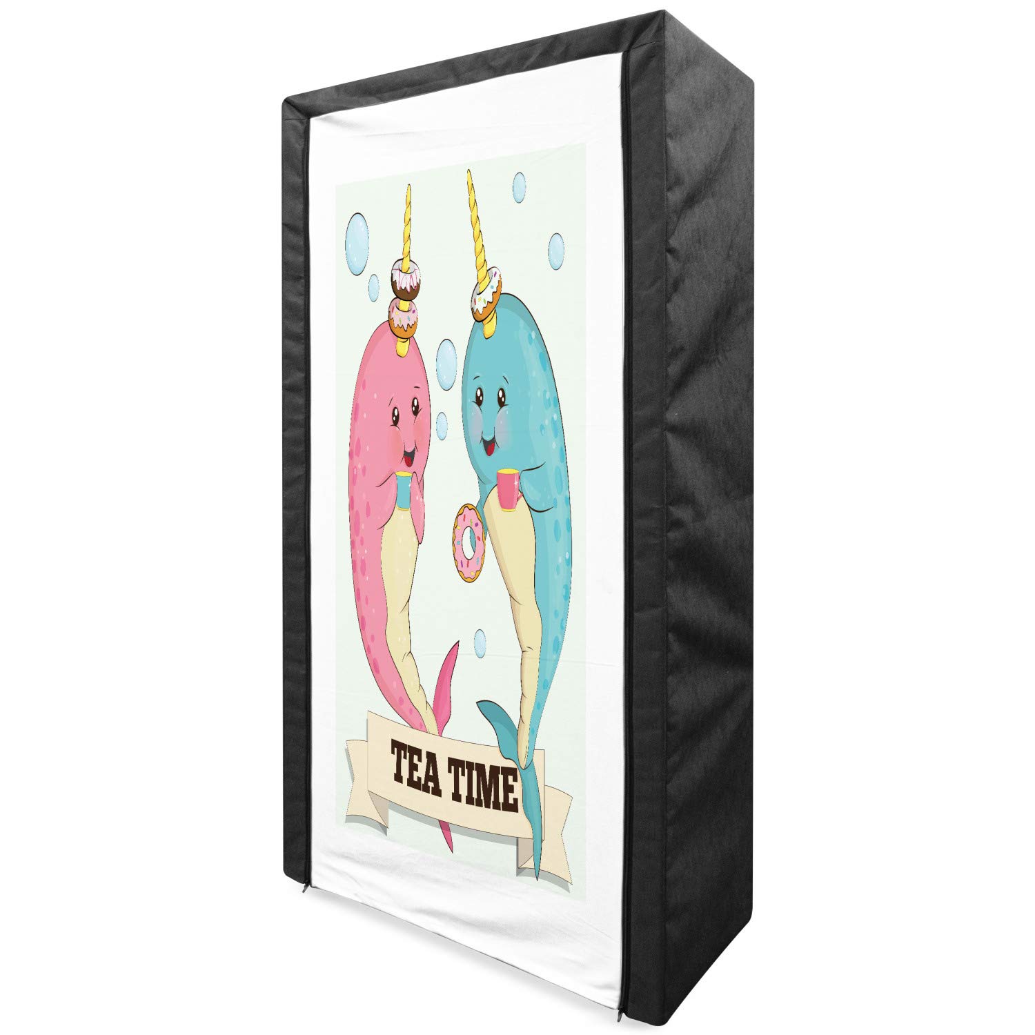 Ambesonne Narwhal Portable Fabric Wardrobe - Whale & Unicorn Themed Clothing Organizer with Shelves, 33.5