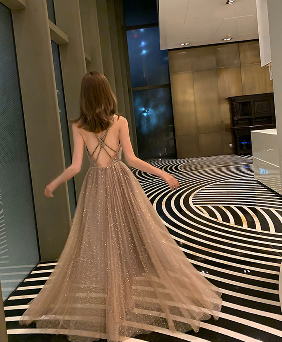 Elegant Champagne V-Neck Tulle Sequin Long Prom Dress for Formal Events - Perfect for Homecoming, Prom Night & Evening Galas