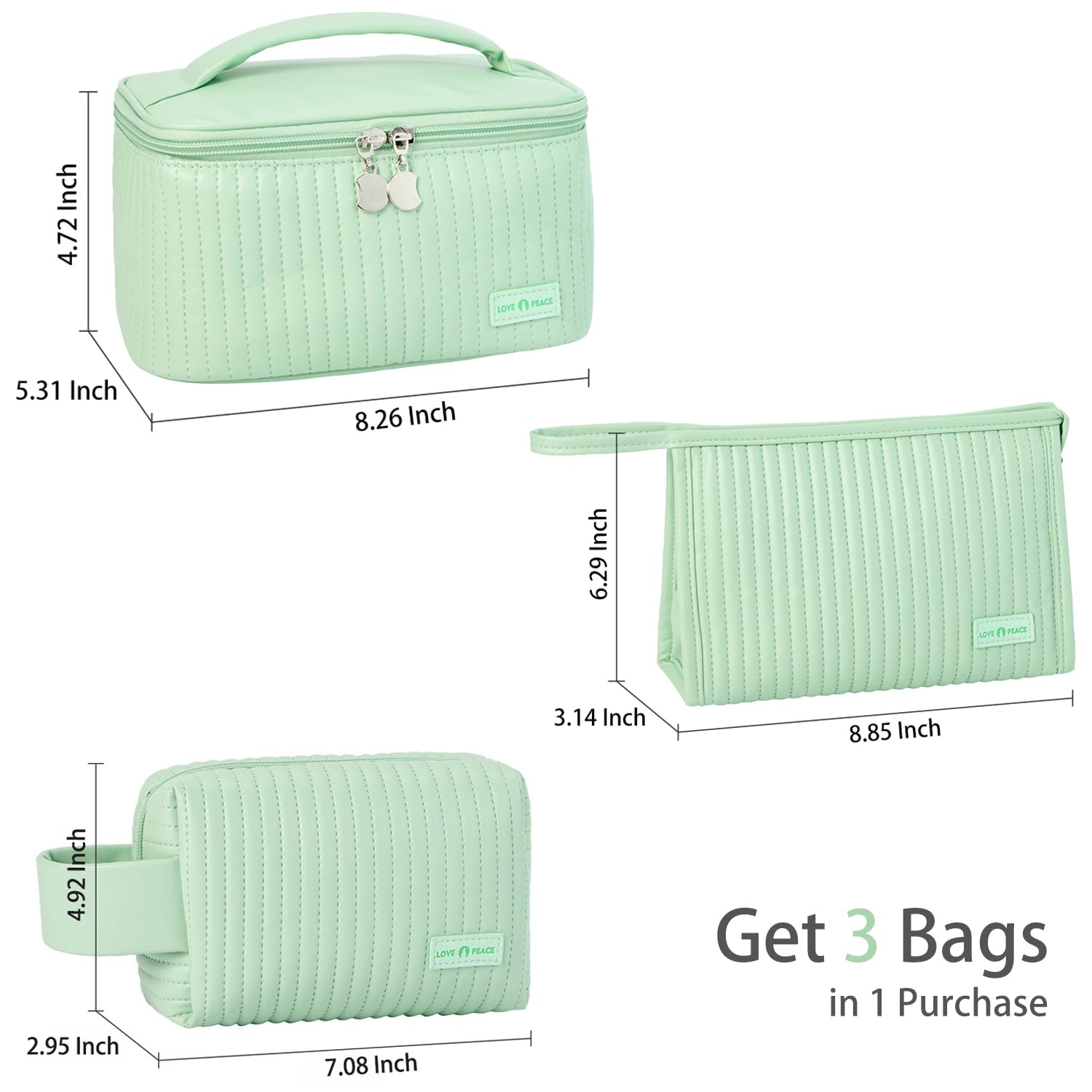 MIRASON 3-Piece Waterproof Makeup Bag Set for Women - Travel & Toiletry Organizer - Green PU Leather Cosmetic Pouch