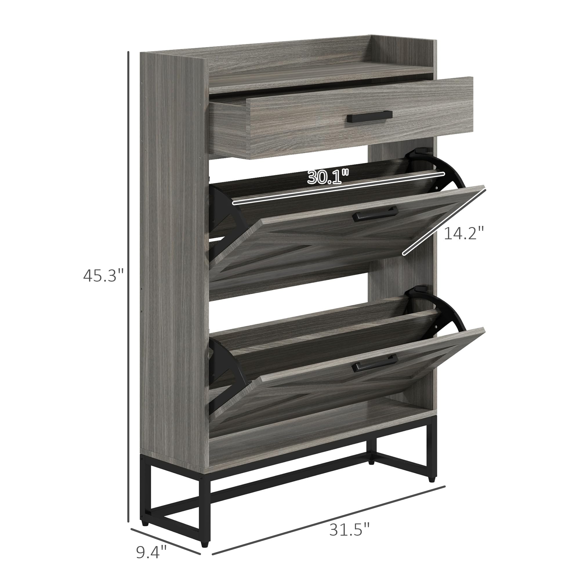 HOMCOM 12-Pair Narrow Shoe Storage Cabinet with Adjustable Shelves & 2 Flip Drawers - Farmhouse Entryway Shoe Organizer with Top Drawer, Distressed Gray for Hallway, Closet & Mudroom Organization