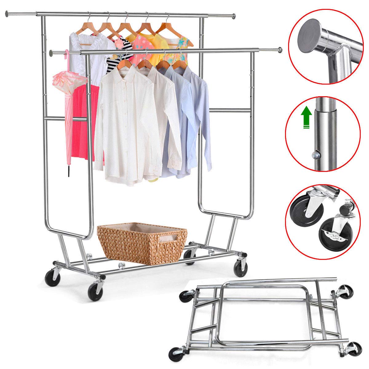 Commercial Grade Garment Rack - Heavy Duty Collapsible Rolling Double Rail Clothes Hanger for Retail Stores, Boutiques & Home Organization