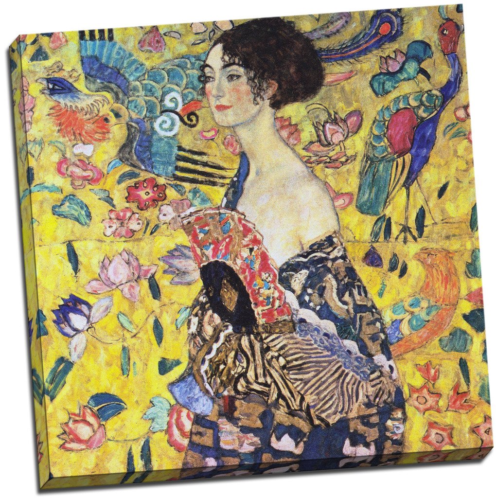 Panther Print Gustav Klimt Lady With Fan Canvas Wall Art - 20x20 Inches Large Framed Painting, Home Decor for Living Room, Bedroom & Office
