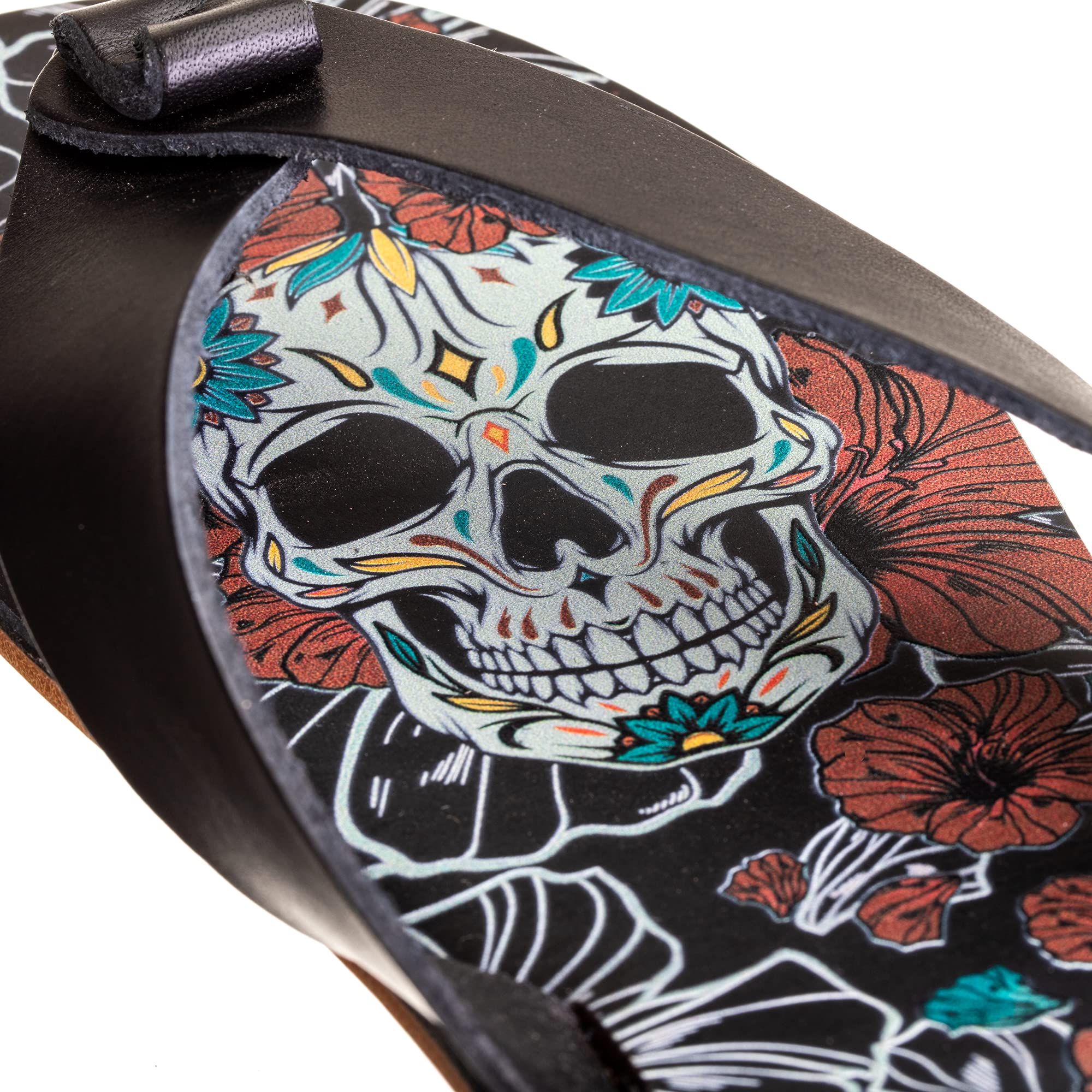 Premium Men's Sandals | Vegetable-Tanned Leather Flip Flops with Skull & Flower Design | Comfortable Summer Beach Shoes for Outdoor Walking, Travel & Casual Wear