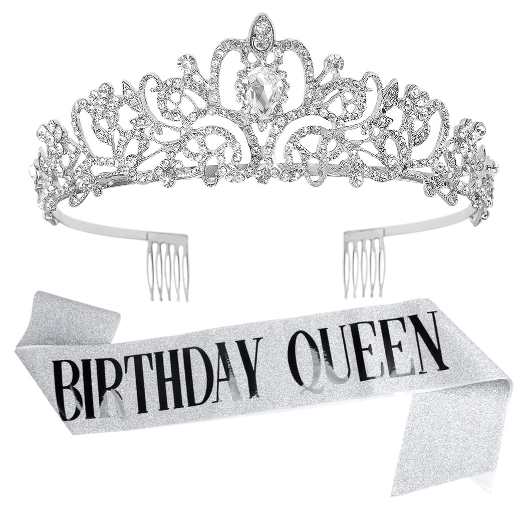 Elegant Silver Rhinestone Birthday Crown & Queen Sash Set for Women - Princess Tiara Party Accessories for Birthday Celebrations, Bachelorette Parties & Special Occasions