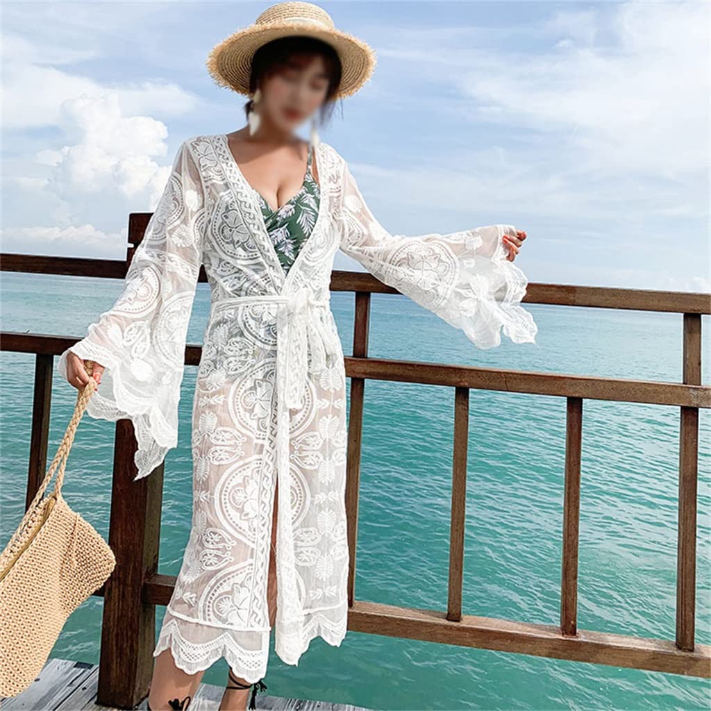 Boho Lace Crochet Blouse Long Sleeve Shawl Beach Skirt Cardigan Bikini Cover Up - White One Size - Perfect for Beach Vacations, Music Festivals & Summer Outfits