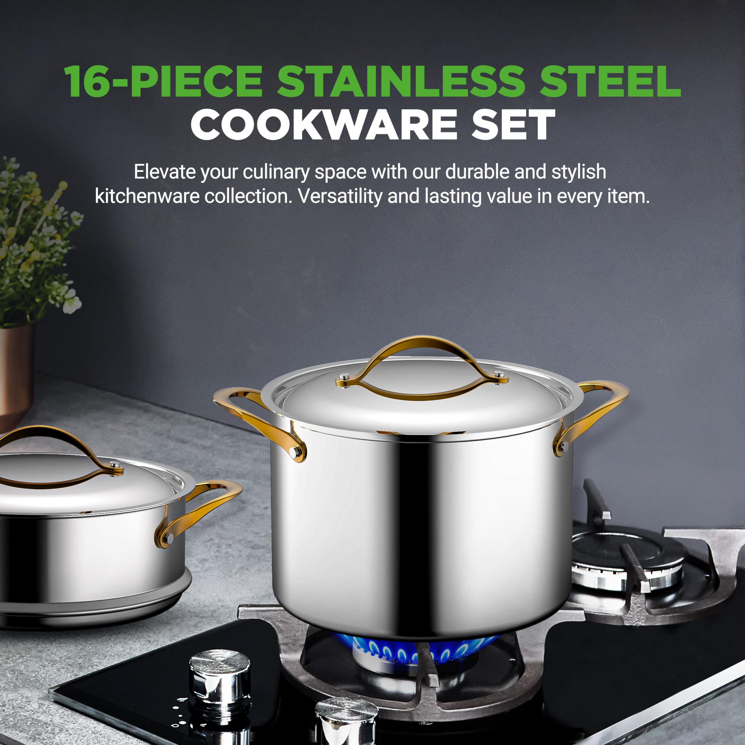 NutriChef 16-Piece Stainless Steel Cookware Set with Non-Stick Ceramic Coated Fry Pan & Nylon Utensils - Premium Kitchen Pots & Pans for Healthy Cooking | Perfect for Home Chefs, Family Meals & Professional Kitchens