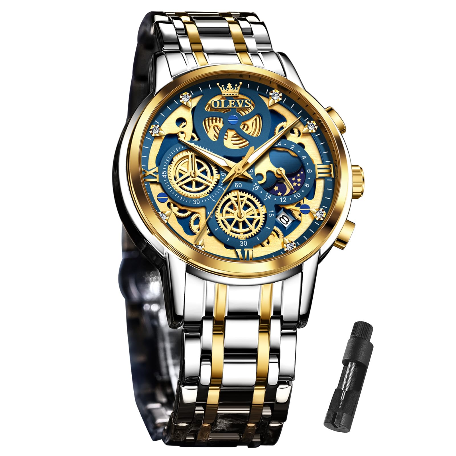 OLEVS Men's Skeleton Stainless Steel Chronograph Watch - Waterproof Analog Wristwatch with Date Display | Luxury Business Dress Watch for Men (Blue/Black/Gold/White) | Perfect for Office, Formal Events & Everyday Wear
