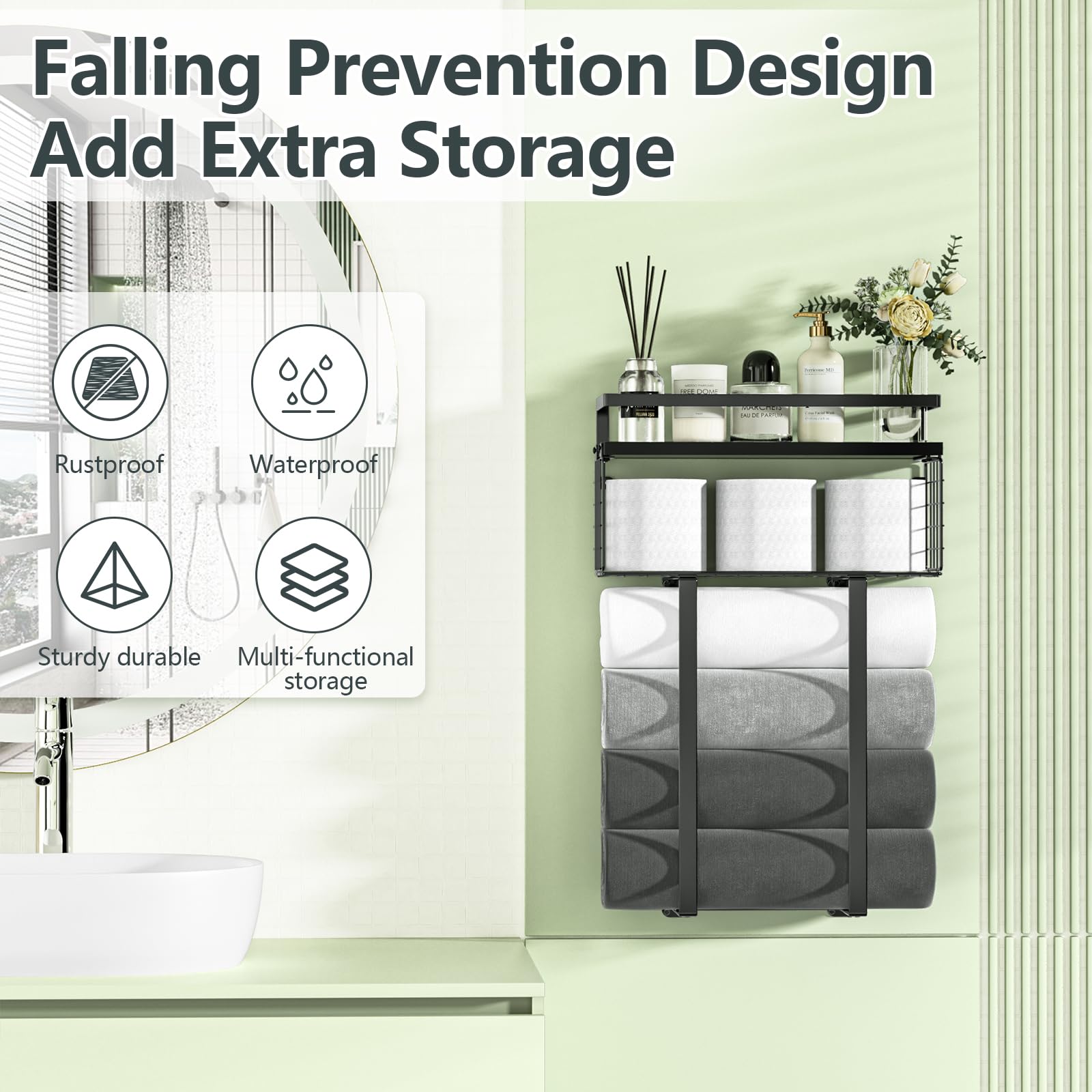Stainless Steel Wall Mounted Towel Rack with Storage Basket - Space Saving Bathroom Organizer for Rolled Towels, Hand Towels & Toiletries - Perfect for Small Bathrooms, Apartments & Powder Rooms