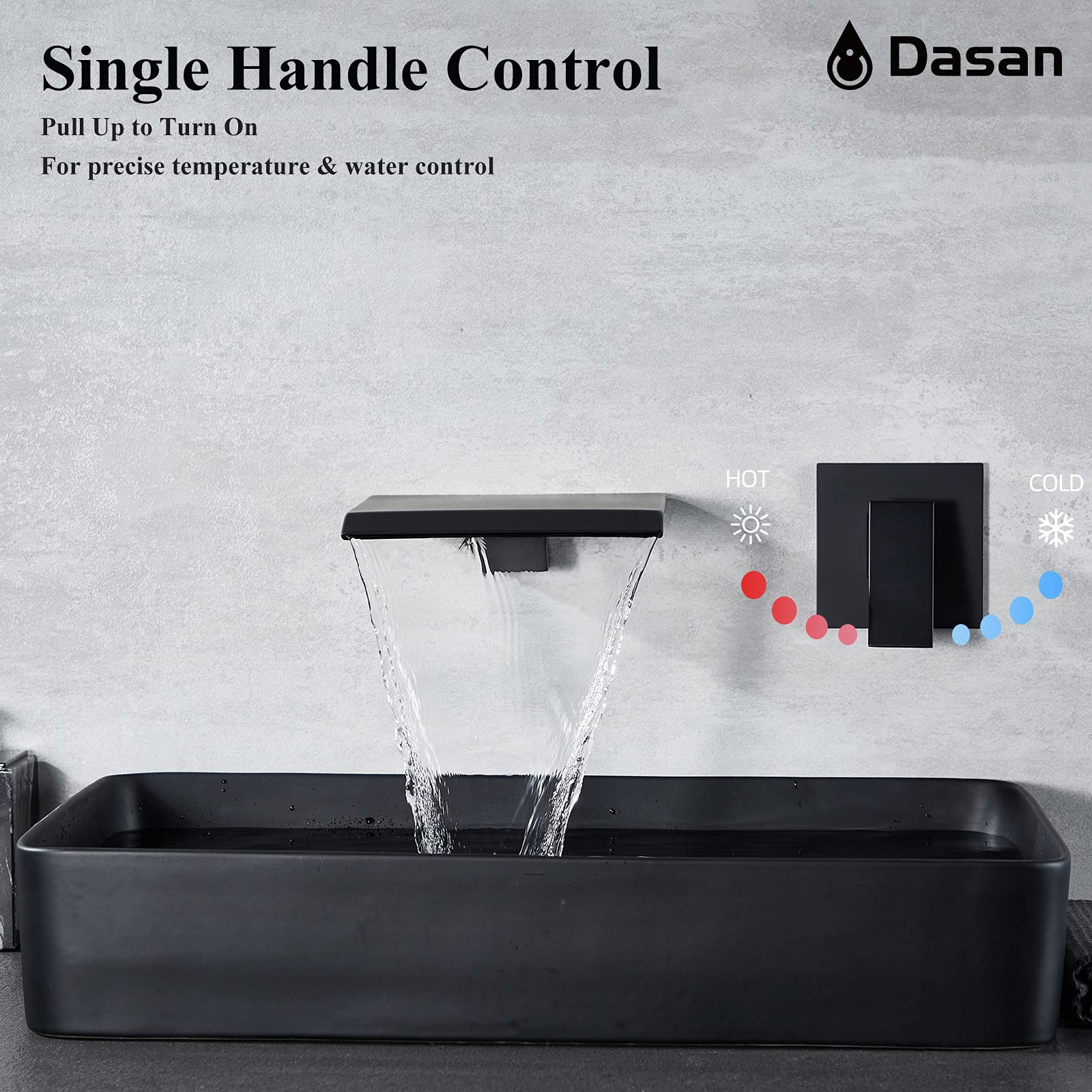 Modern Matte Black Wall Mount Waterfall Bathroom Faucet - Single Handle Wall Mounted Sink Faucet with Upgraded Rough-in Valve | Perfect for Contemporary Bathrooms, Powder Rooms & Spa-Like Showers
