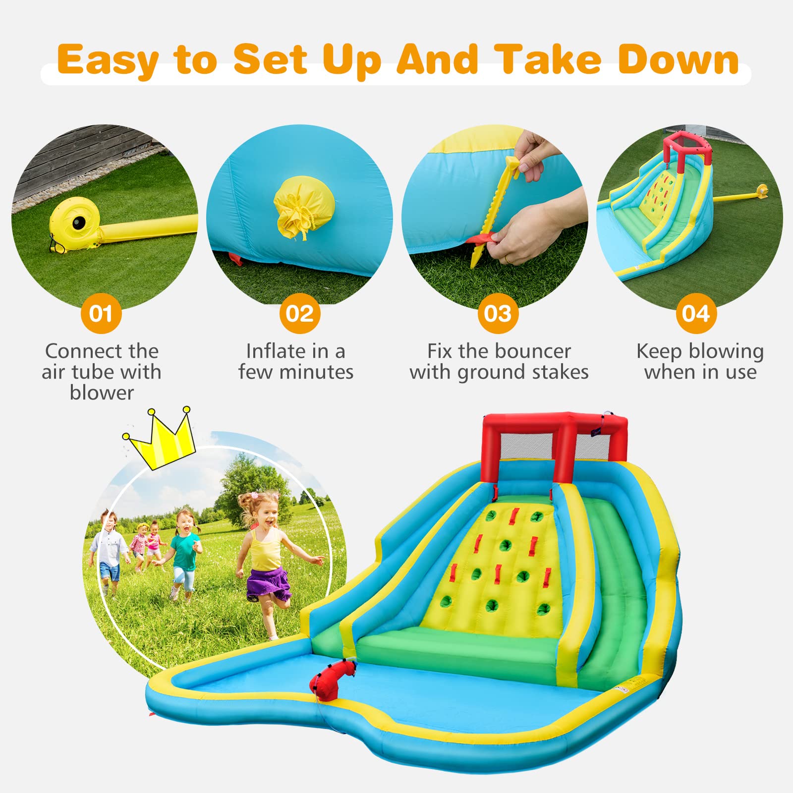**HONEY JOY Inflatable Water Slide for Kids - Giant Backyard Water Park with 2 Long Slides, Climbing Wall, Water Hoses & Cannon, Large Splash Pool - Outdoor Blow Up Waterslide for Summer Fun (Includes 750W Blower) - Perfect for Birthday Parties, Family Gatherings & Backyard Water Play**