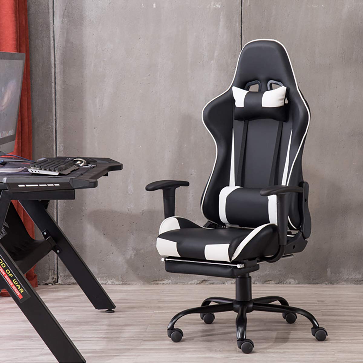 Goujxcy Ergonomic Gaming Chair - Racing Style PU Leather Office Chair with Lumbar Support & Footrest, Adjustable Swivel Recliner Computer Desk Chair for Adults (Black/White) - Perfect for Esports, Home Office & Streaming Setup