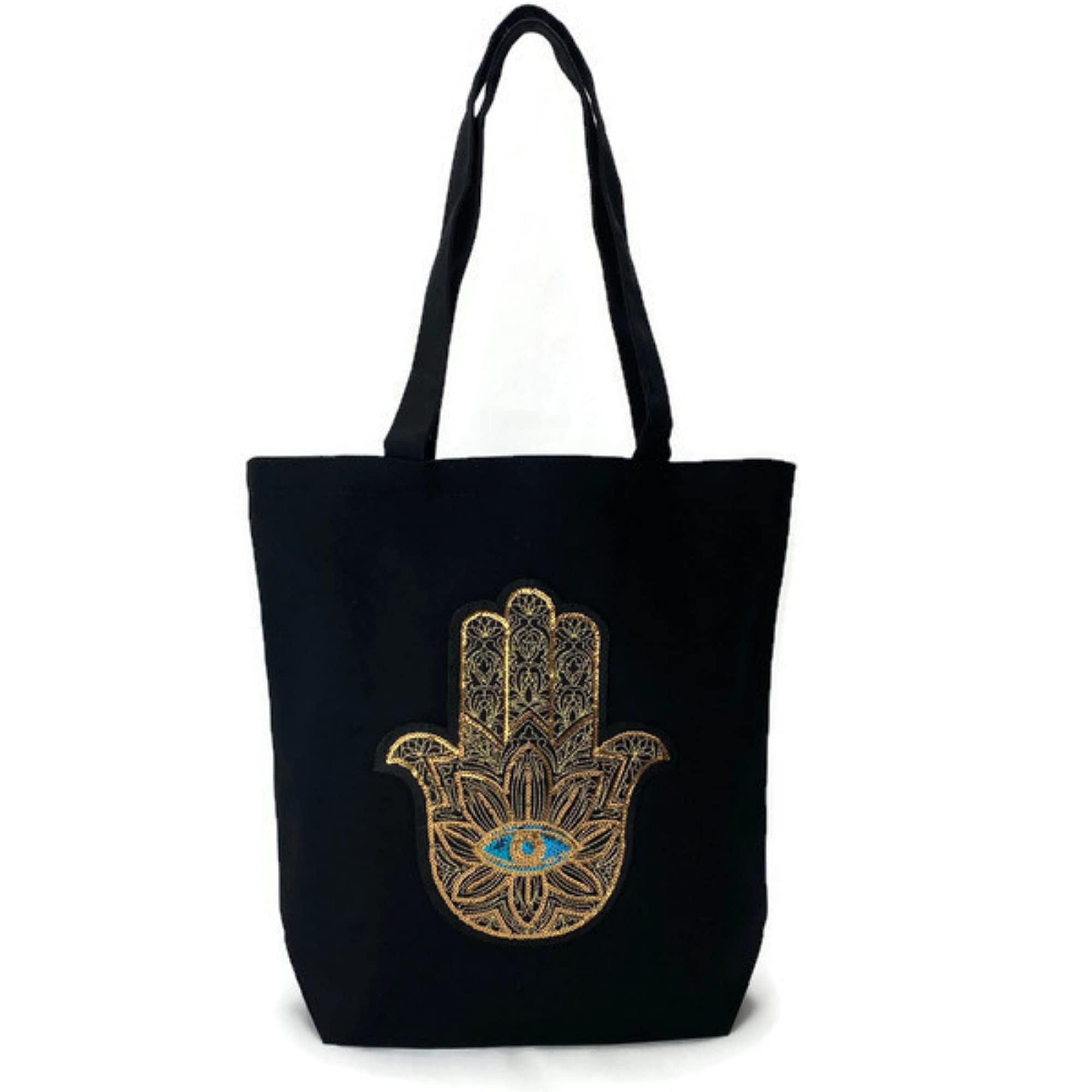 Embroidered Golden Hamsa Canvas Tote Bag for Women - Reusable Eco-Friendly Shoulder Bag for Shopping, Beach, Work & Daily Use