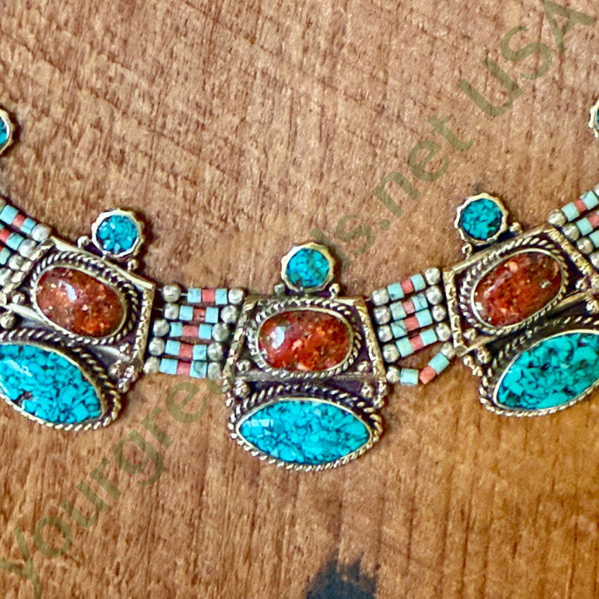 Handmade Tibetan Alpaca Silver Necklace with Turquoise & Coral Beads - Boho Jewelry for Women, Spiritual Gift, Festival Accessory
