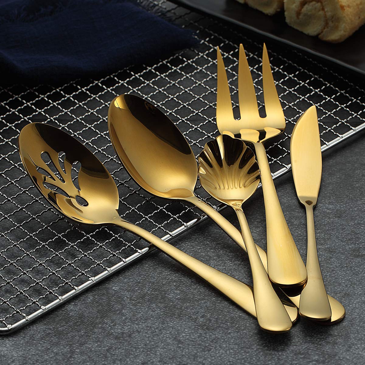 Berglander 6-Piece Stainless Steel Gold Titanium Plated Flatware Set - 5 Serving Utensils + Cake Server - Elegant Golden Silverware for Dinner Parties, Weddings & Formal Dining (Shiny Gold Finish)