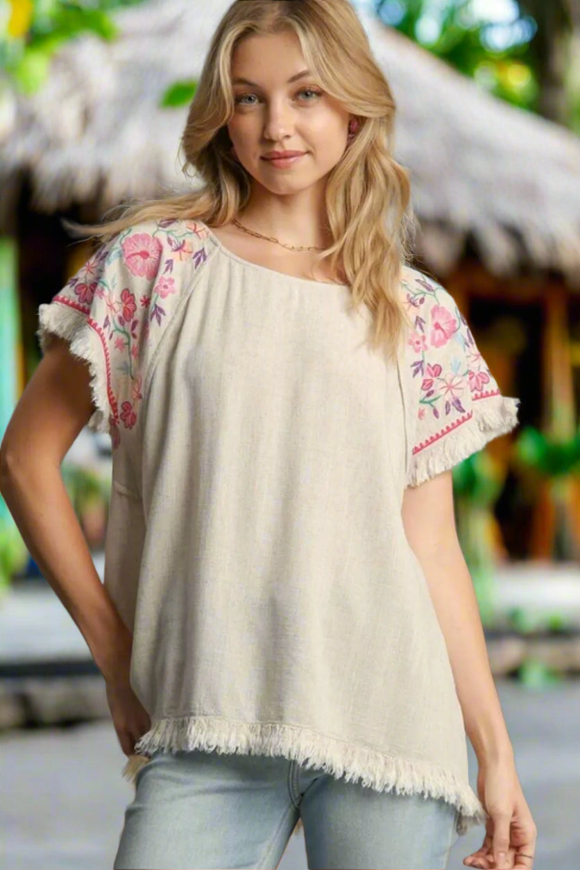 Boho Linen Top for Women - Round Neck High Low Hem Frayed Details - Casual Summer Beachwear & Festival Outfit