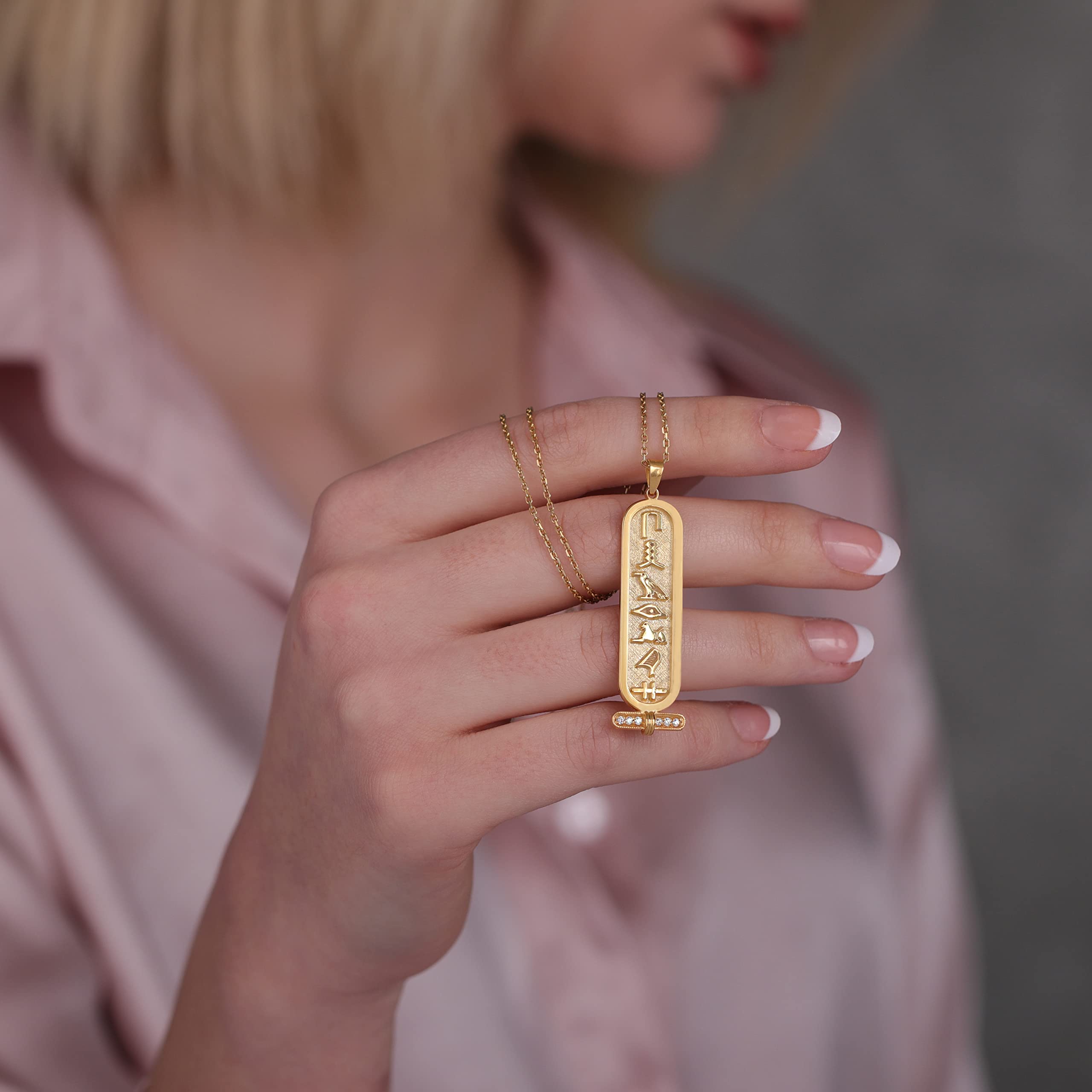 14K Solid Gold Personalized Cartouche Necklace - Custom Egyptian Hieroglyphic Pendant Jewelry for Women | Unique Gift for Anniversary, Birthday & Special Occasions | HStudio Handcrafted Luxury Necklace