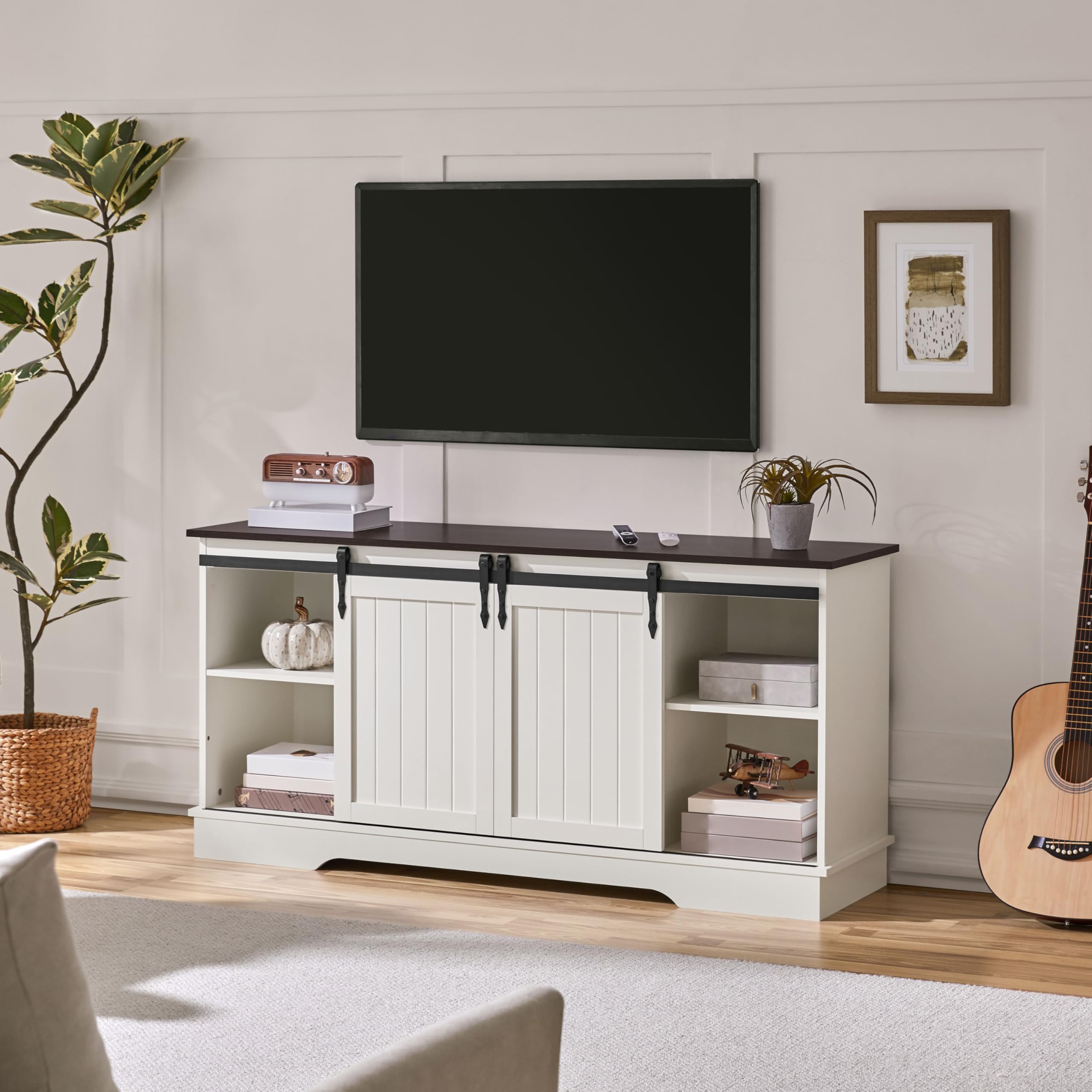 Yaheetech 65 Inch TV Stand with Sliding Barn Doors - Farmhouse Style Entertainment Center, TV Media Console for Living Room (White & Espresso) - Perfect for Home Theater Setup & Living Room Organization