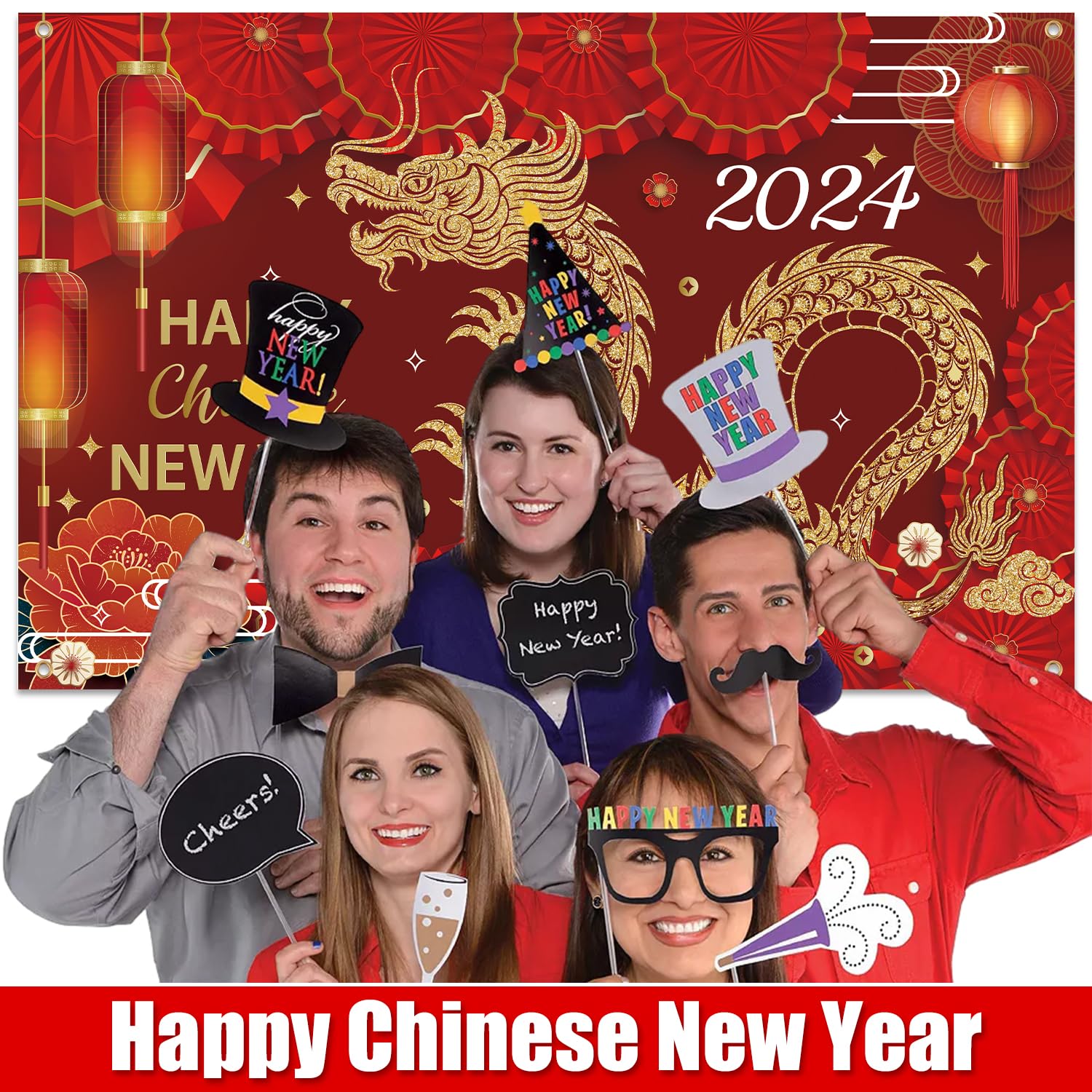 71x45 Inch Happy New Year Banner 2024 - Chinese New Year Backdrop, Dragon Lantern Red Background for New Year Eve Party Decorations & Photo Props | Perfect for Home, Office, and Festival Celebrations