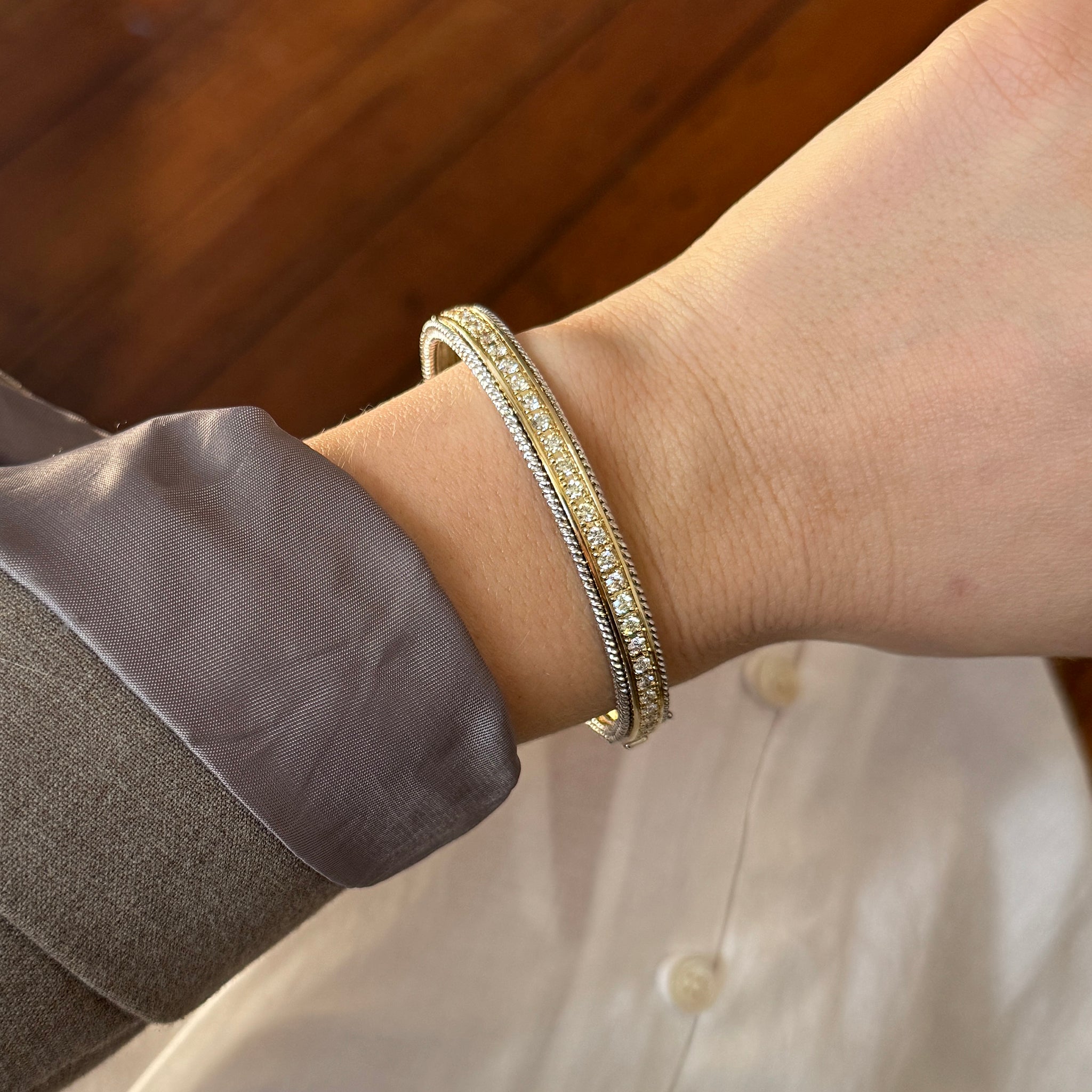 1.62ctw Diamond Two Tone 14K Gold Rope Trim Bangle Bracelet for Women - Elegant Jewelry Gift for Anniversary, Wedding & Special Occasions