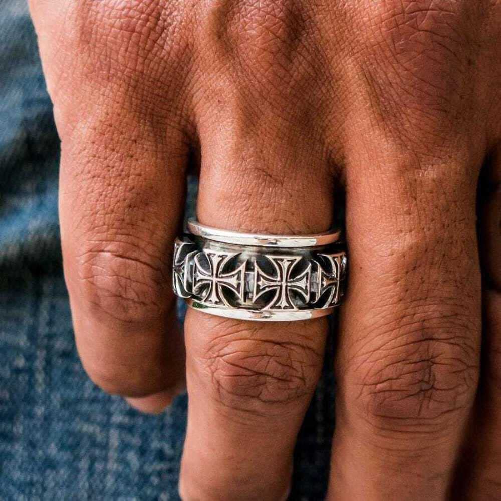 Bikerringshop 925 Sterling Silver Iron Cross Spinner Rings for Men - Gothic Punk Jewelry, Adjustable Band, Stress Relief & Fashion Statement (Perfect for Bikers, Rockers & Alternative Style Lovers)
