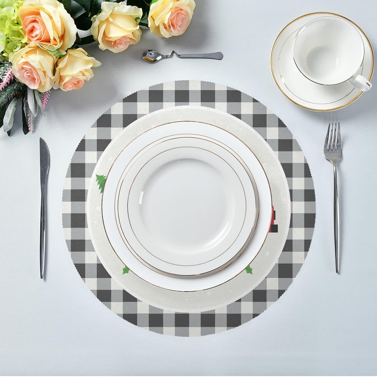 Christmas Truck & Buffalo Plaid Round Placemats Set of 1 - 15 Inch Non-Slip Dining Table Mats for Kitchen, Holiday Decor, Home & Wedding - Easy Clean Festive Table Setting Accessories