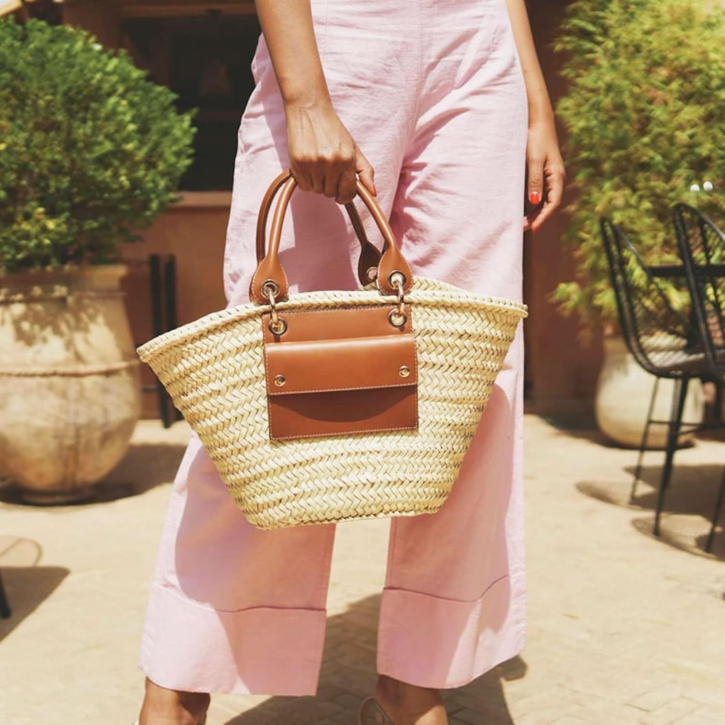 Luxury Straw Beach Bag with Leather Handles - French Basket, Moroccan Market Tote, Summer Woven Bag for Women | Perfect for Beach Trips, Shopping & Picnics