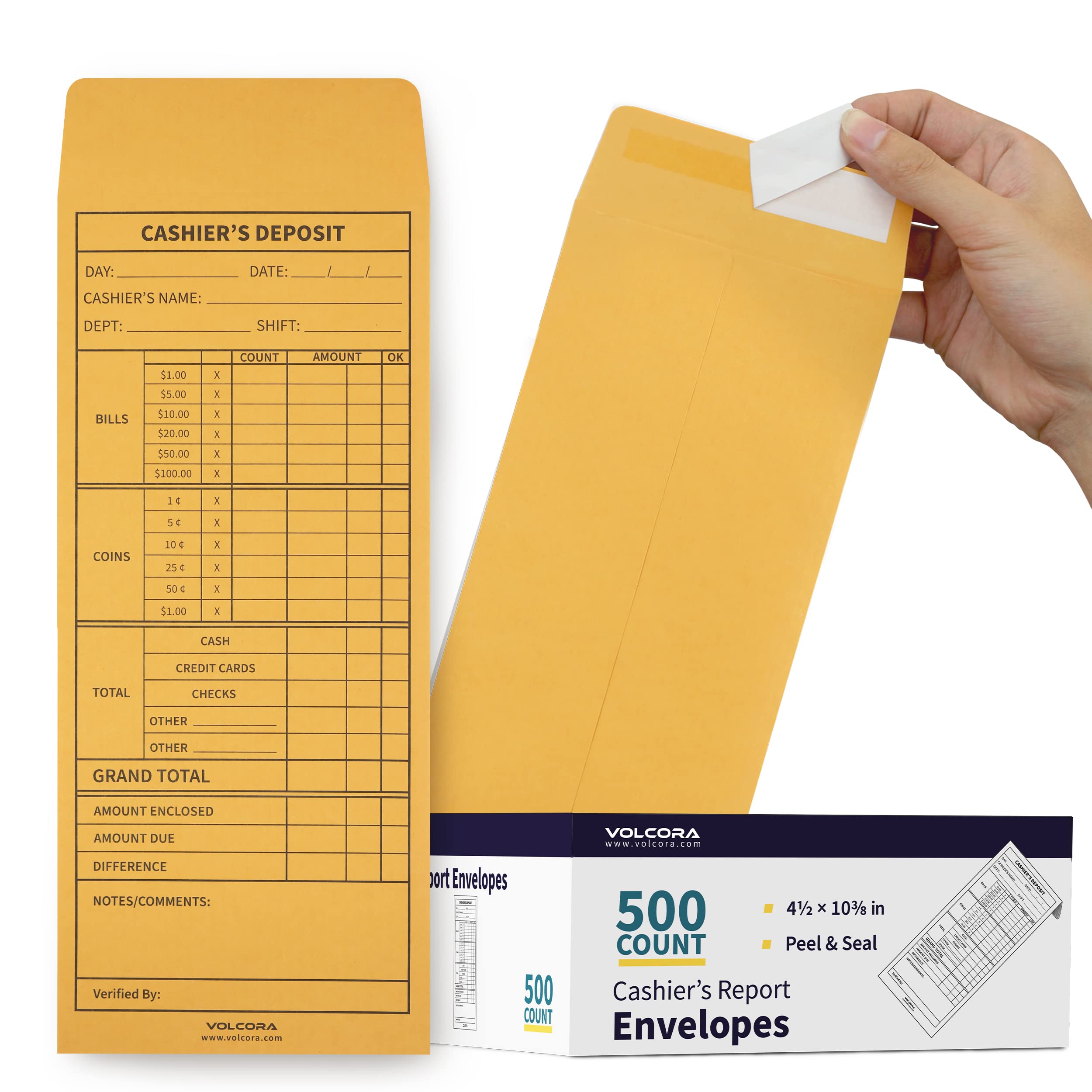 Volcora 500 Pack Self-Adhesive Cash Deposit Envelopes - Brown Kraft Bank Deposit Slips for Retail, Restaurants & Small Businesses - Perfect for Daily Cash Handling, Safe Money Storage & Organized Financial Transactions