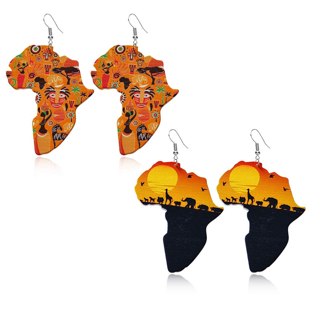 D.Rosse 2 Pairs African Map Wooden Dangle Earrings - Ethnic Style Multicolor Drop Earrings for Women, Bohemian Jewelry Set - Perfect for Festivals, Parties & Cultural Events
