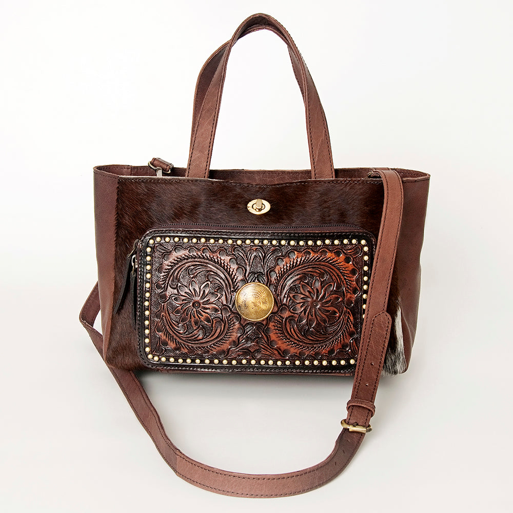 American Darling ADBGI184 Genuine Leather Women's Tote Bag - Western Style Hand Tooled Hair On Hide Purse for Everyday Use & Cowgirl Fashion
