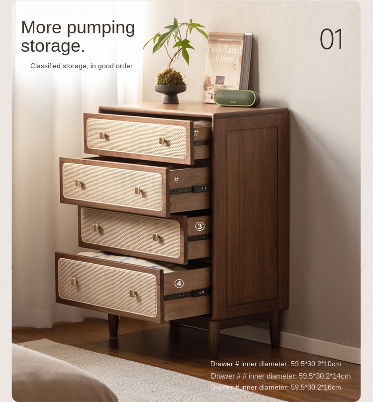 Solid Oak & Black Walnut Wood Cabinet with Rattan Doors - Modern Storage Organizer for Living Room, Bedroom, or Entryway