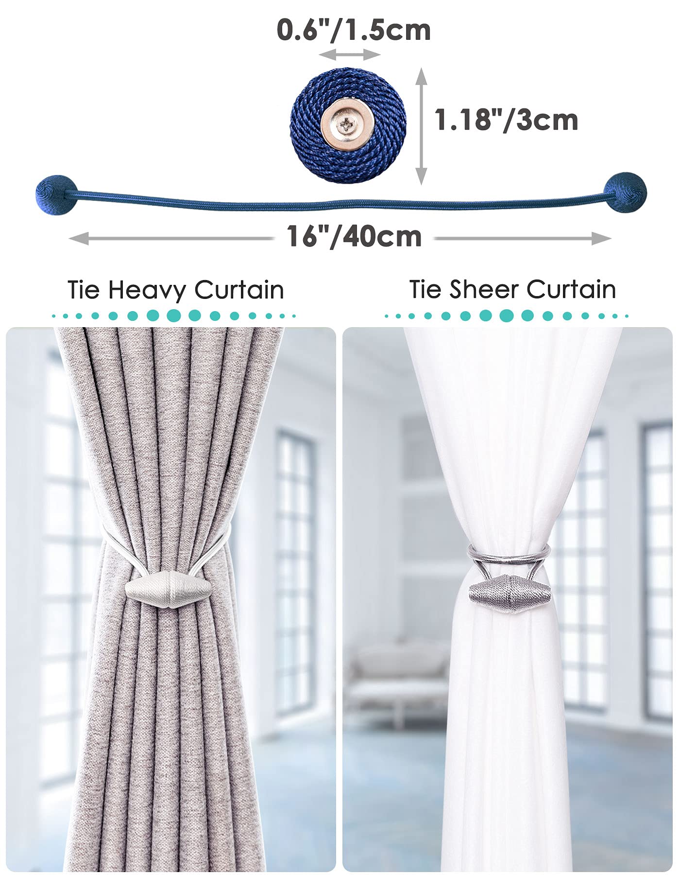 Upgraded Magnetic Curtain Tiebacks - 2 Pack 16 Inch Stronger Hold Drapery Holdbacks with Larger Magnets for Indoor & Outdoor Use (Gold) - Perfect for Living Room, Bedroom Windows and Patio Doors