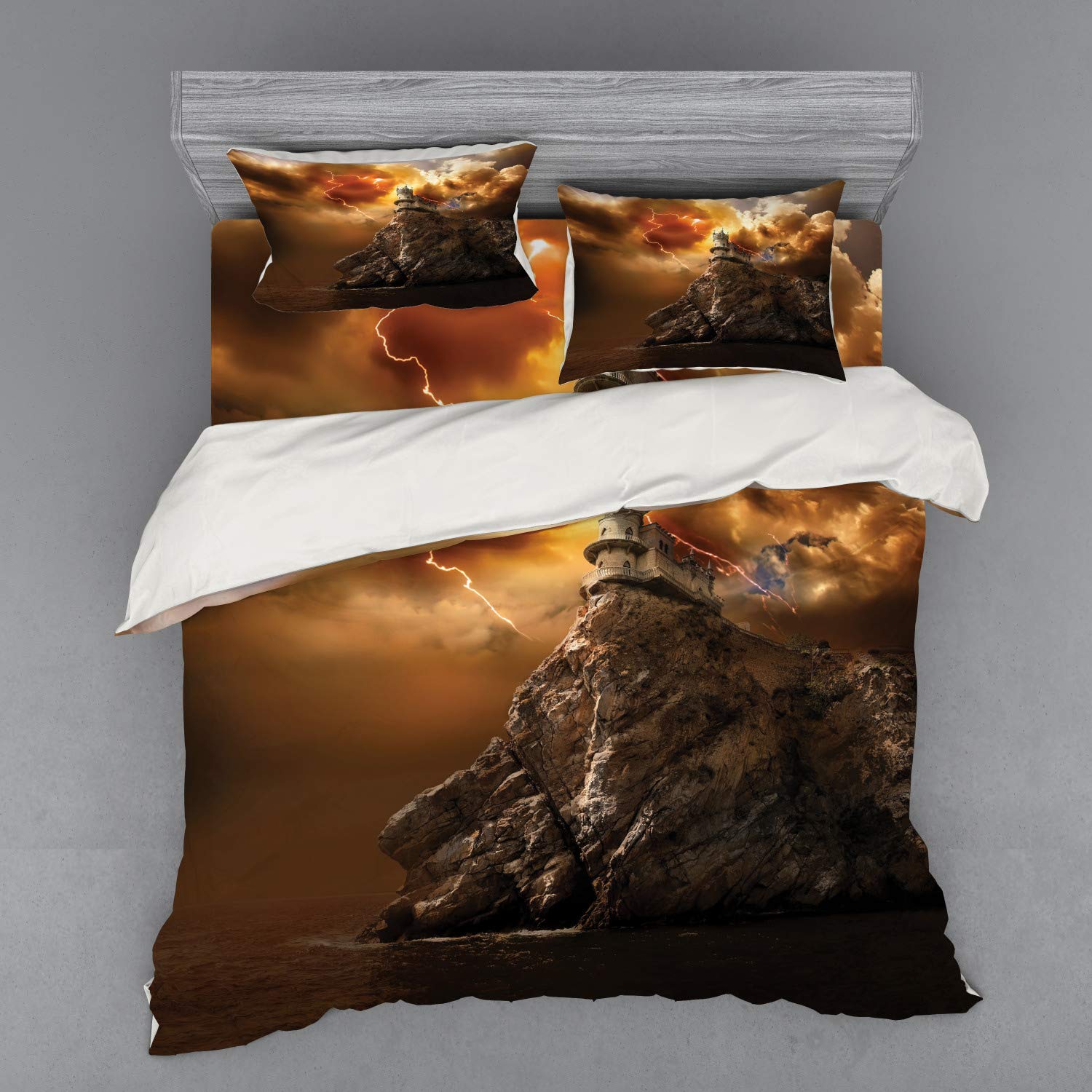 Ambesonne Fantasy Duvet Cover Set - King Size 4-Piece Bedding with Pillow Shams & Fitted Sheet | Gothic Castle Cliff Thunder Supernatural Fiction Print in Orange Brown | Perfect for Gothic Bedrooms, Fantasy Themed Decor & Cozy Reading Nooks