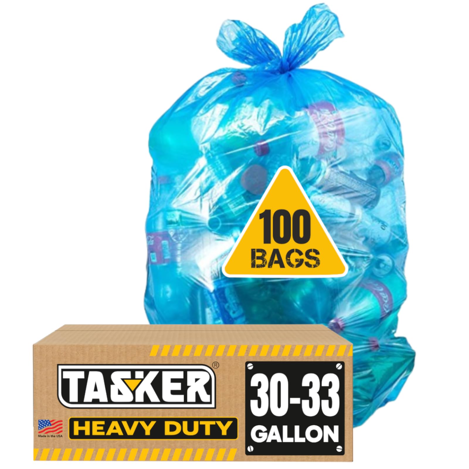 33 Gallon Heavy Duty Recycling Bags with Drawstring Ties - MegaValue Pack of 100 Blue Trash Bags (30-33 Gallon) for Home, Office & Outdoor Waste Disposal