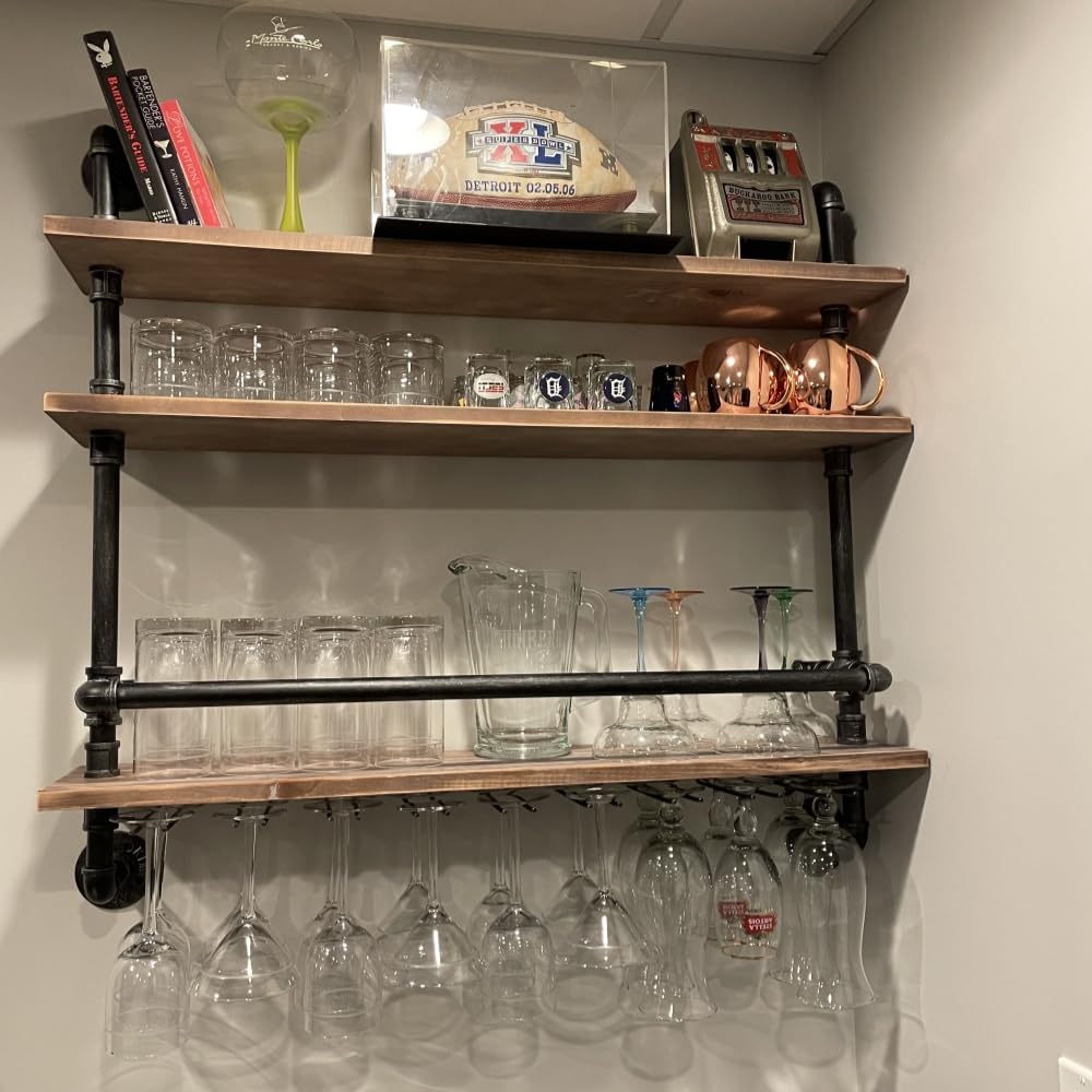 Industrial Pipe Shelf Wine Rack Wall Mounted with 9 Stem Glass Holder - 36 Inch Rustic Wood Floating Shelves for Bar, Kitchen & Dining Room Decor - Wine Storage & Glass Display Shelf for Home & Commercial Use